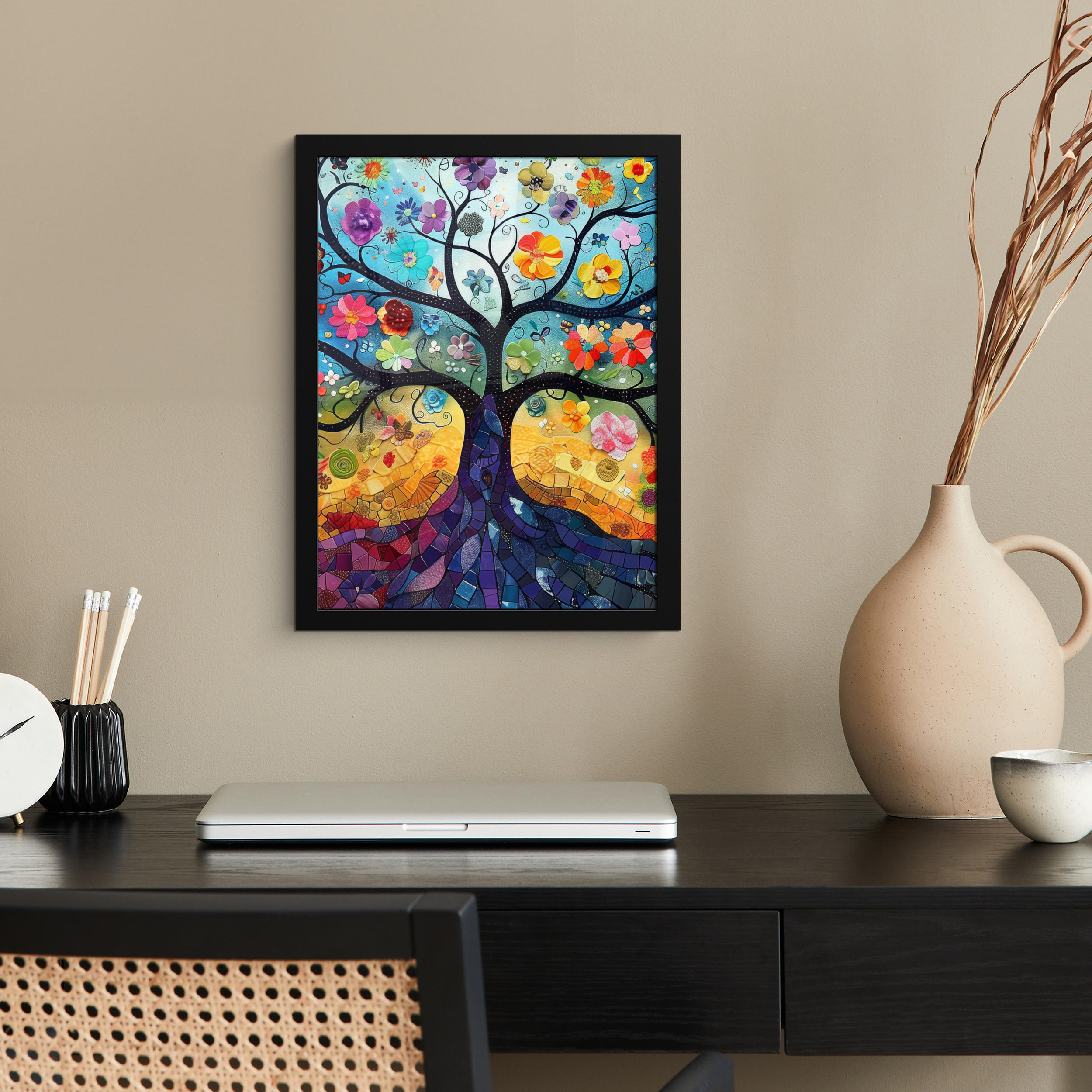 GERAHMTES BILD Kunst - Baum des Lebens - Blumen - Hippie 30x40 cm - Dunkelblau, Papier (30/40cm) - MuchoWow