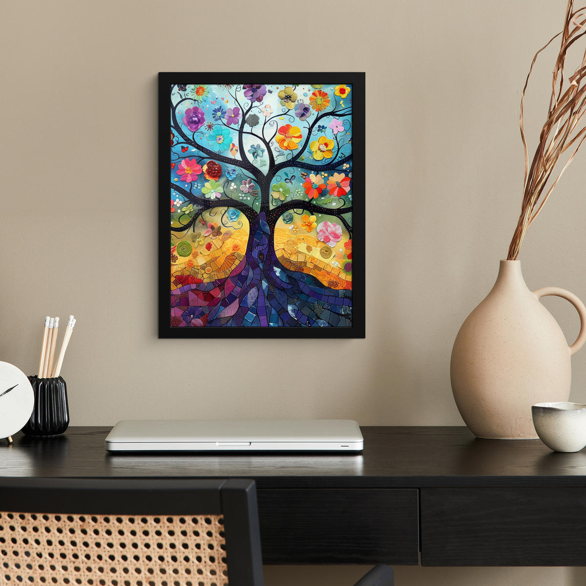 GERAHMTES BILD Kunst - Baum des Lebens - Blumen - Hippie 30x40 cm - Dunkelblau, Papier (30/40cm) - MuchoWow