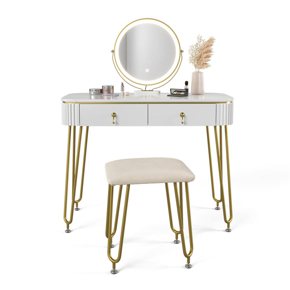 SCHMINKTISCH Grace Weiß 100 cm mit LED Beleuchtung und Hocker - Weiß Hochglanz, Holzwerkstoff (100/126/40cm) - Vicco
