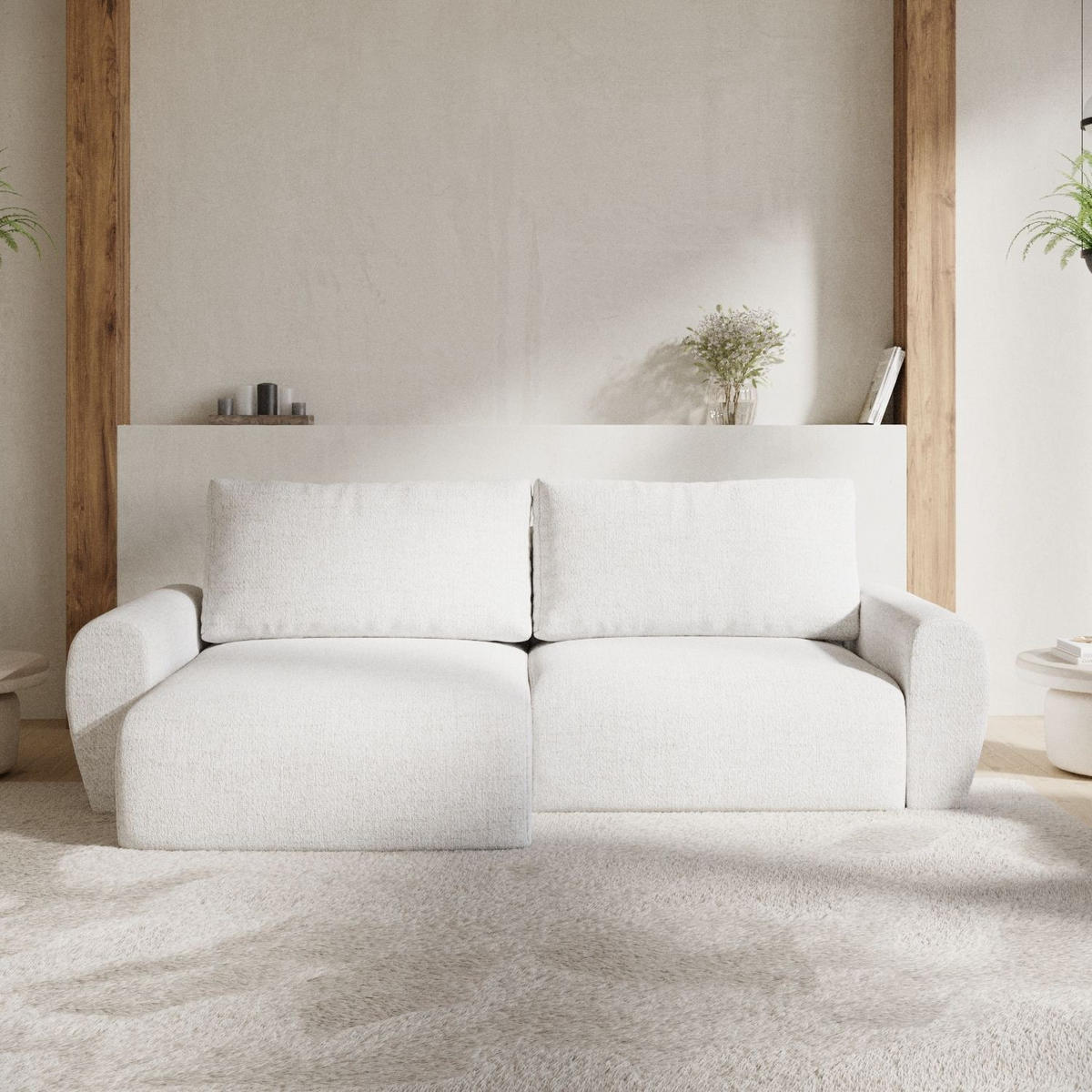 ECKSOFA OMARI mit Schlaffunktion Creme im Neve Stoff - Creme/Schwarz, Holz/Holzwerkstoff (253/153cm) - AltaBeds