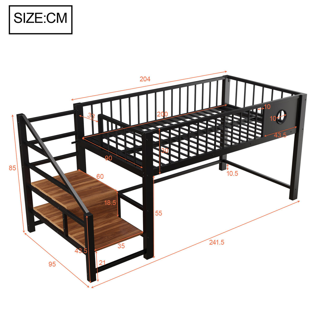 KINDERHOCHBETT 90/200 cm Schwarz aus Metall mit Stauraumleiter ohne Matratze - Schwarz, Metall (90/200cm) - MIVRAY