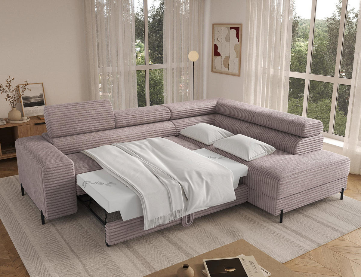 ECKSOFA COLESIO L-Form, Schlaffunktion, Bettkasten, verstellbare Kopfstützen, Wellenfederung, Metallfüße, breiter Cordstoff - Schwarz/Grau, Kunststoff/Metall (204/269cm) - Wohnideebilder