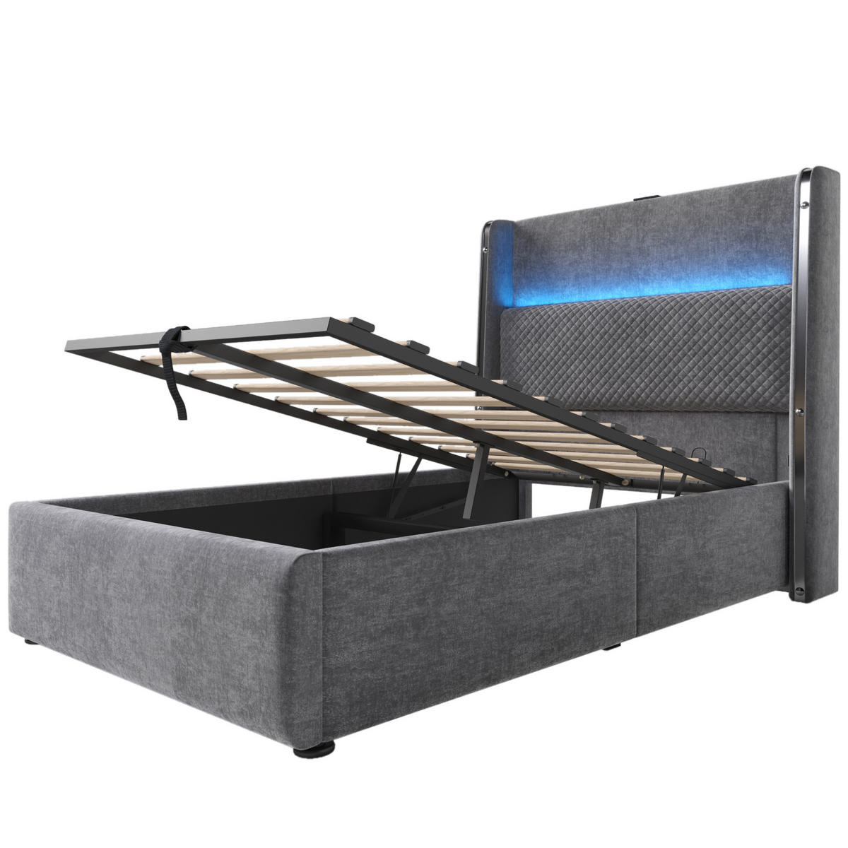 BETT 90/200 cm Grau mit hohem Kopfteil LED-Beleuchtung und Stauraum - Grau, Textil (90/200cm) - OKWISH
