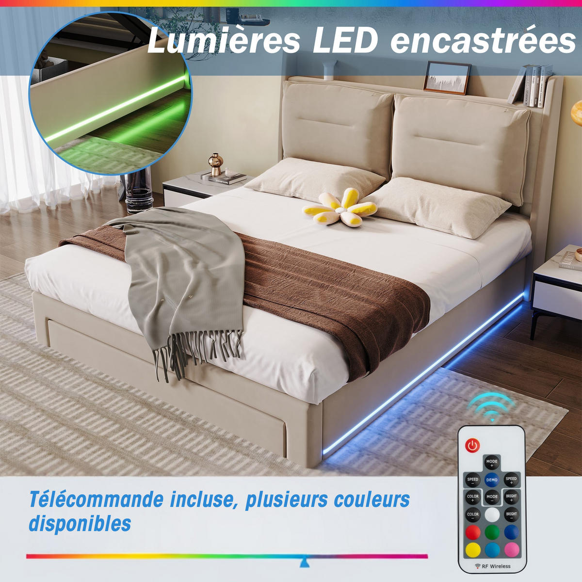 POLSTERBETT 140x190cm Beige Samt Mit LED & 2 Schubladen - Beige, Textil (140/190cm) - FLIEKS