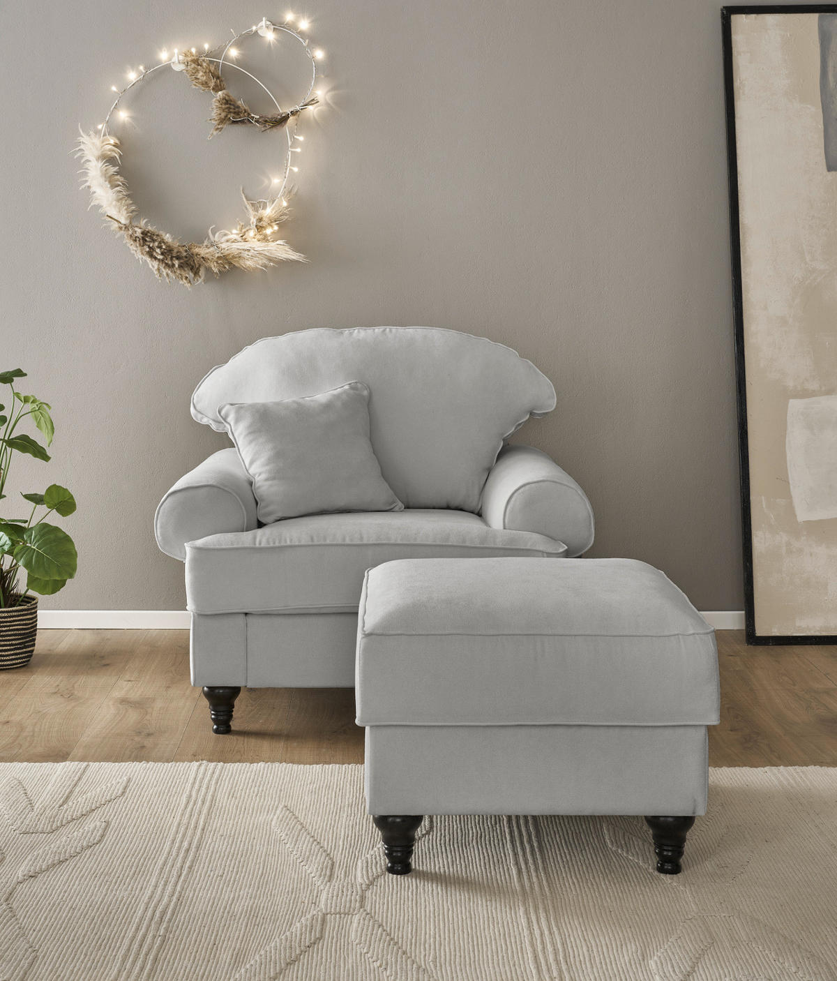 SESSEL-SET hellgrau Landhaus, Loungesessel inklusive Hocker - Hellgrau/Braun, Holz/Textil (175/95/110cm) - Furn.Design