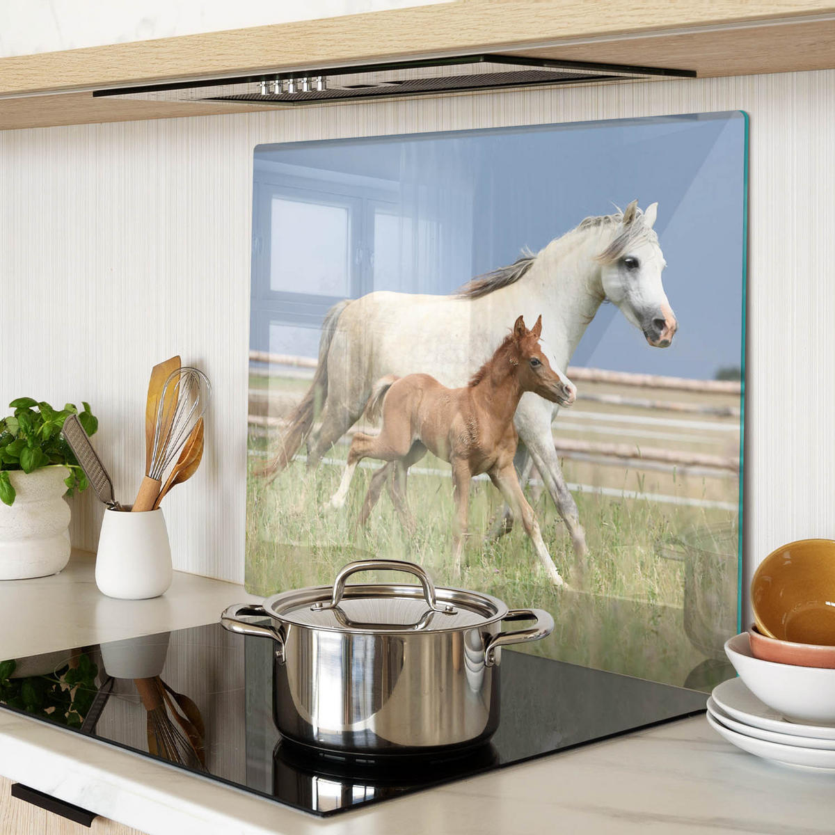 GLASPLATTE 60x52 cm Stute mit Fohlen - Beige, Glas (60/52cm) - TULUP