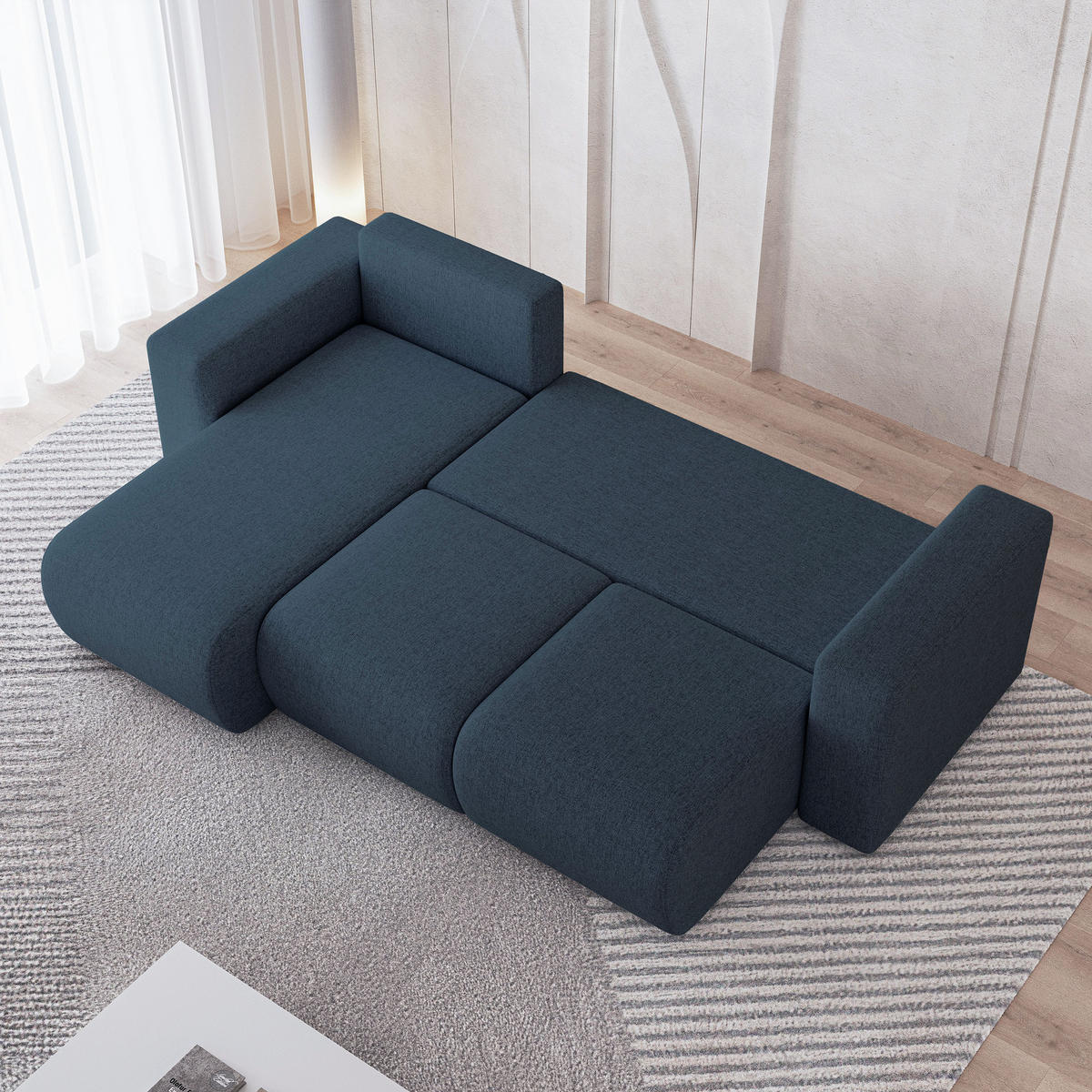 ECKSOFA RINOVA Blau Geflochtener Stoff mit Schlaffunktion - Blau, Holz (250/143cm) - MASSENO