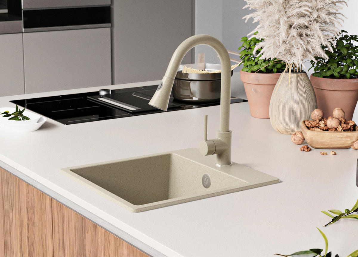 GRANITSPÜLE Riga Easy, 2-er set Beige 38/44 cm 1 Becken + Küchenarmatur 38/14 cm + Ablauf-Set ab 40er Unterschrank - Chromfarben/Beige, Kunststoff (38/19/44cm) - Primagran