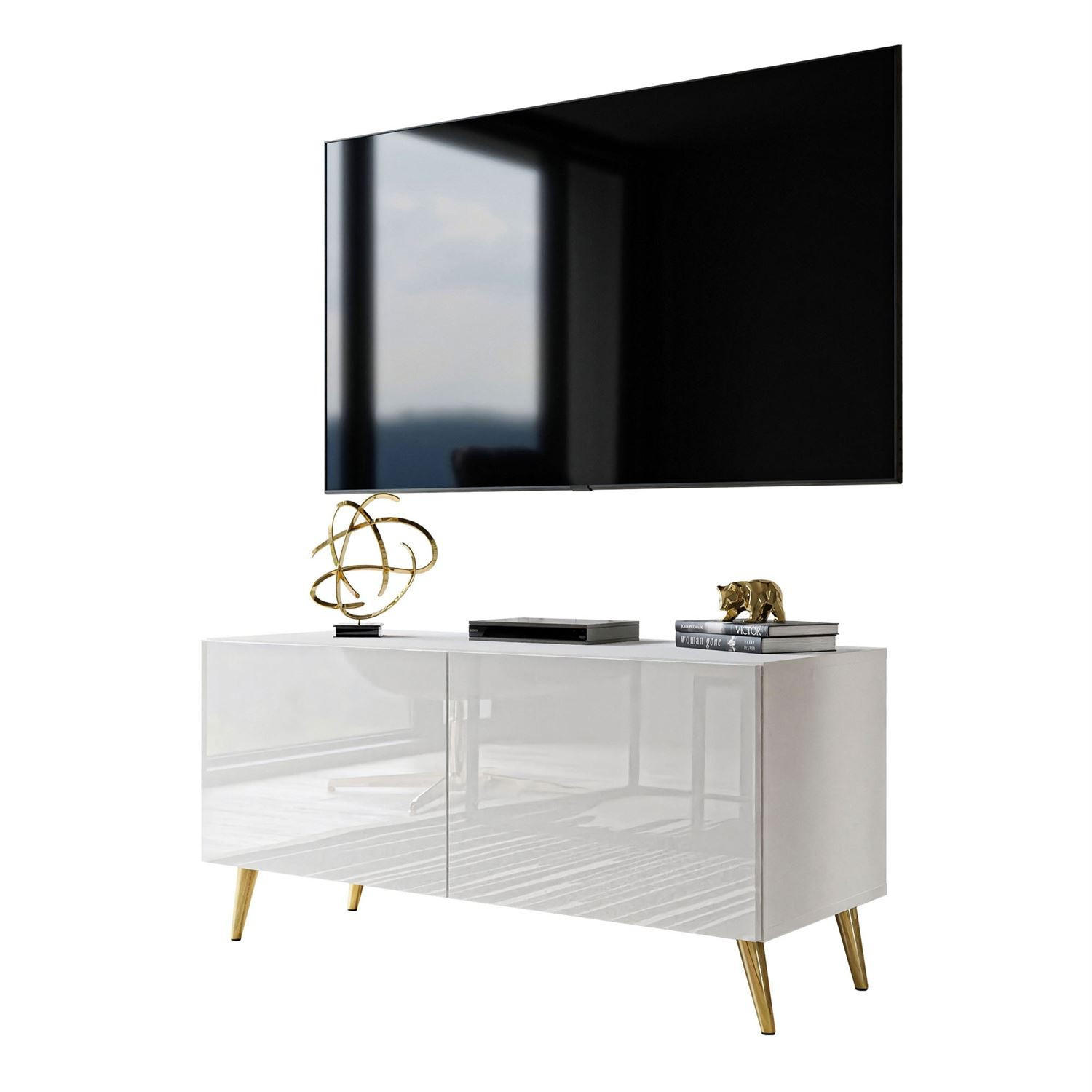 TV-ELEMENT AURA 100 Weiß Hochglanz – Beinfarbe: Gold - Weiß, Holzwerkstoff (100/49/40cm) - Lookway