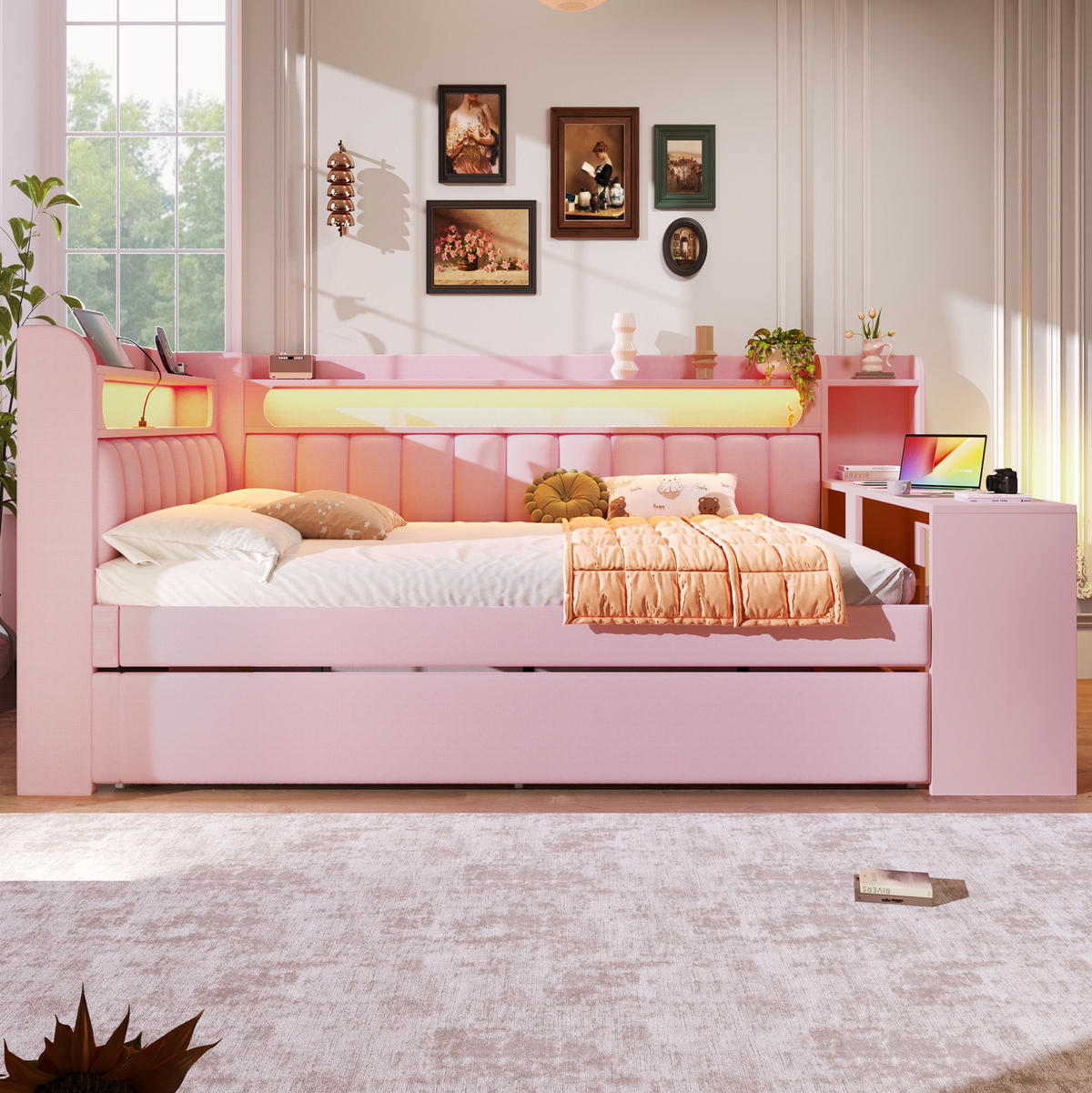 POLSTERBETT 140/200 cm rosa aus MDF mit LED und USB mit Ausziehbett und Schreibtisch - Rosa, Holzwerkstoff (140/200cm) - OKWISH