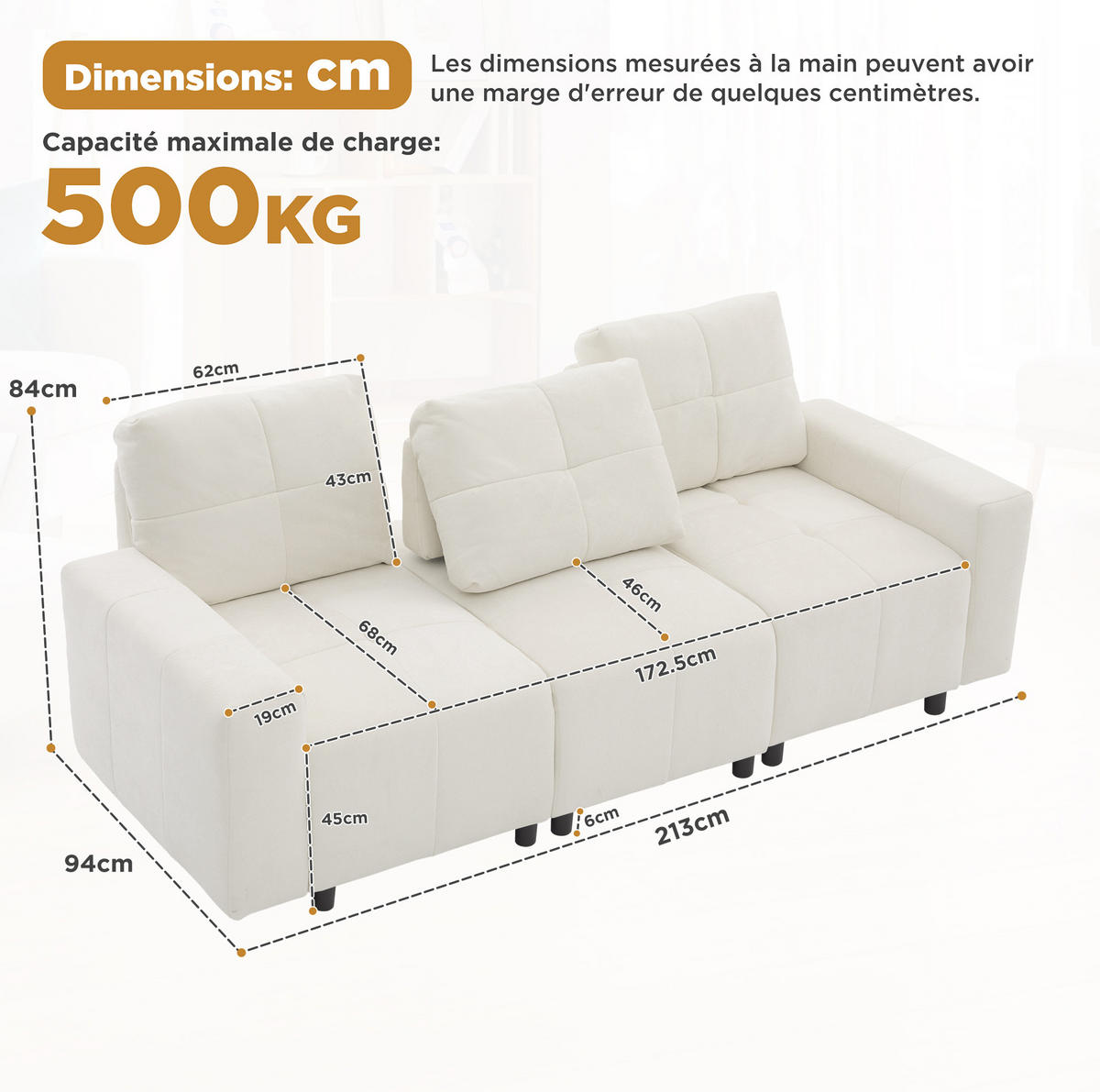 SOFA mit Schlaffunktion 213 cm Chenille Beige White 3-Sitzer - Beige, Kunststoff (213/84/94cm) - Meubliv