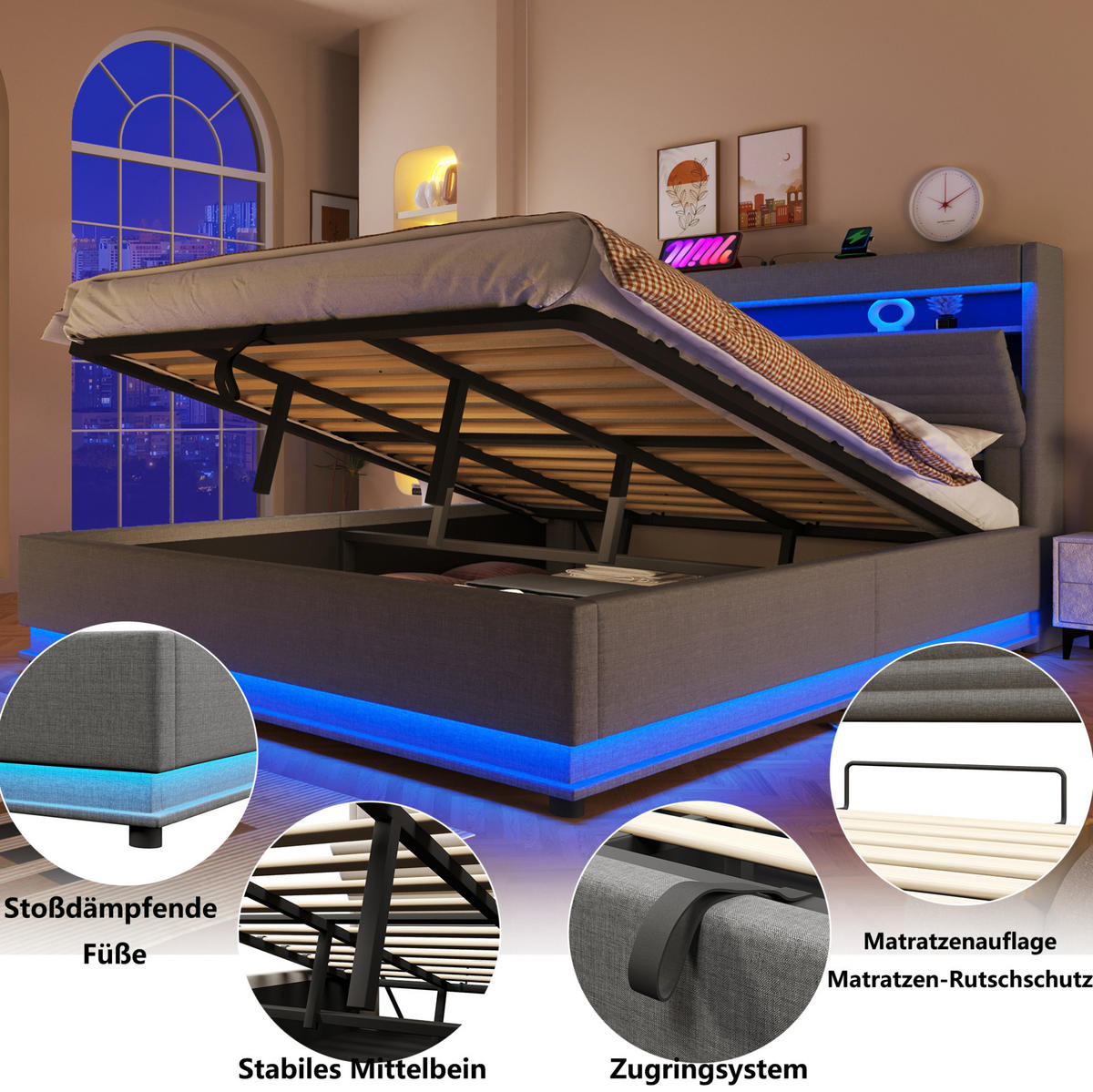 POLSTERBETT 180/200 cm mit LED-Beleuchtung, USB- und Typ-C-Anschluss, hydraulischem Stauraum und Leinenbezug, Grau - Grau, Textil (180/200cm) - Redom