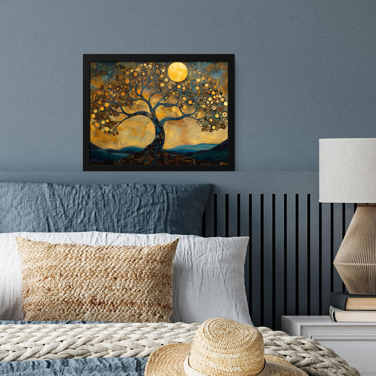 POSTER MIT RAHMENGERAHMTES BILD Baum - Mond - Blumen - Gold - Kunst 40x30 cm - Orange, Papier (40/30cm) - MuchoWow