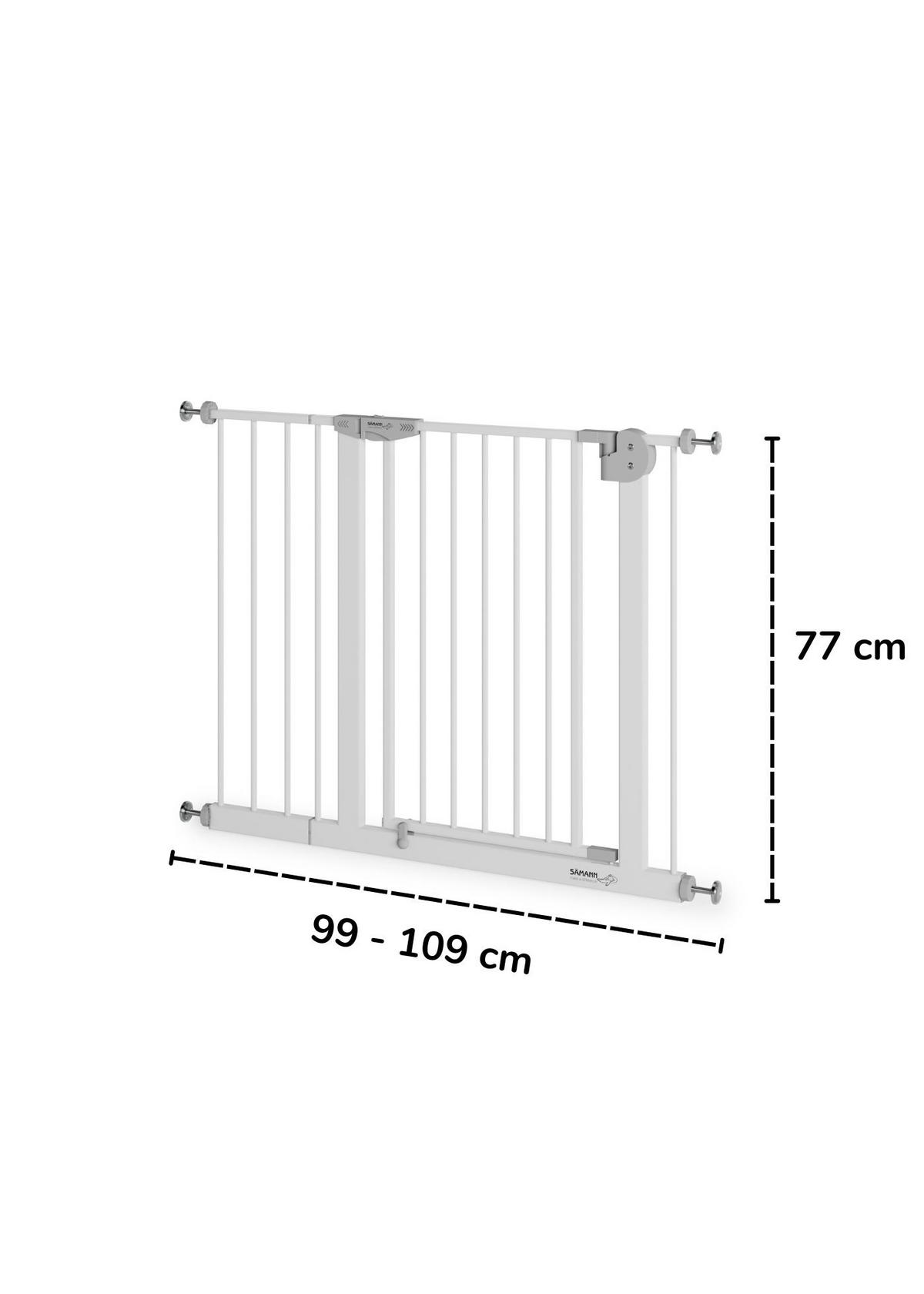 TÜRSCHUTZGITTER & Treppenschutz mit 4x Elefantenfuß, Tür mit 90° Stop, ohne Bohren 99-109 cm - Weiß, Metall (109/5cm) - Sämann – make a difference.