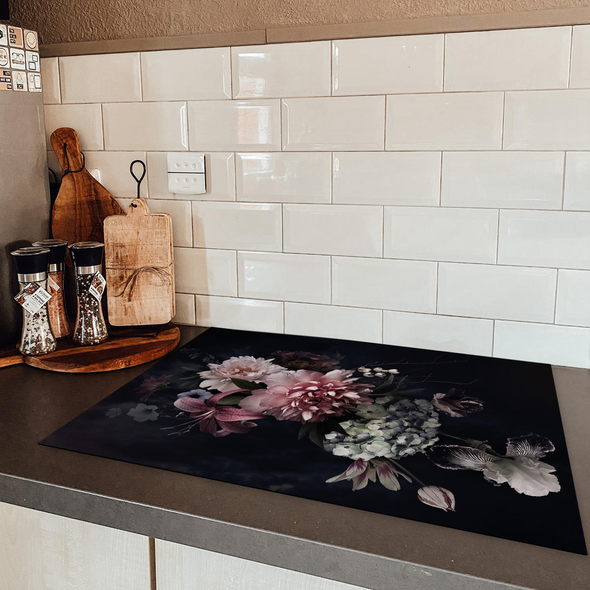 HERDABDECKPLATTE Blumen - Vintage - Pastell - Rosa - Weiß 75x52 cm - Altrosa, Kunststoff (75/52/0.2cm) - MuchoWow