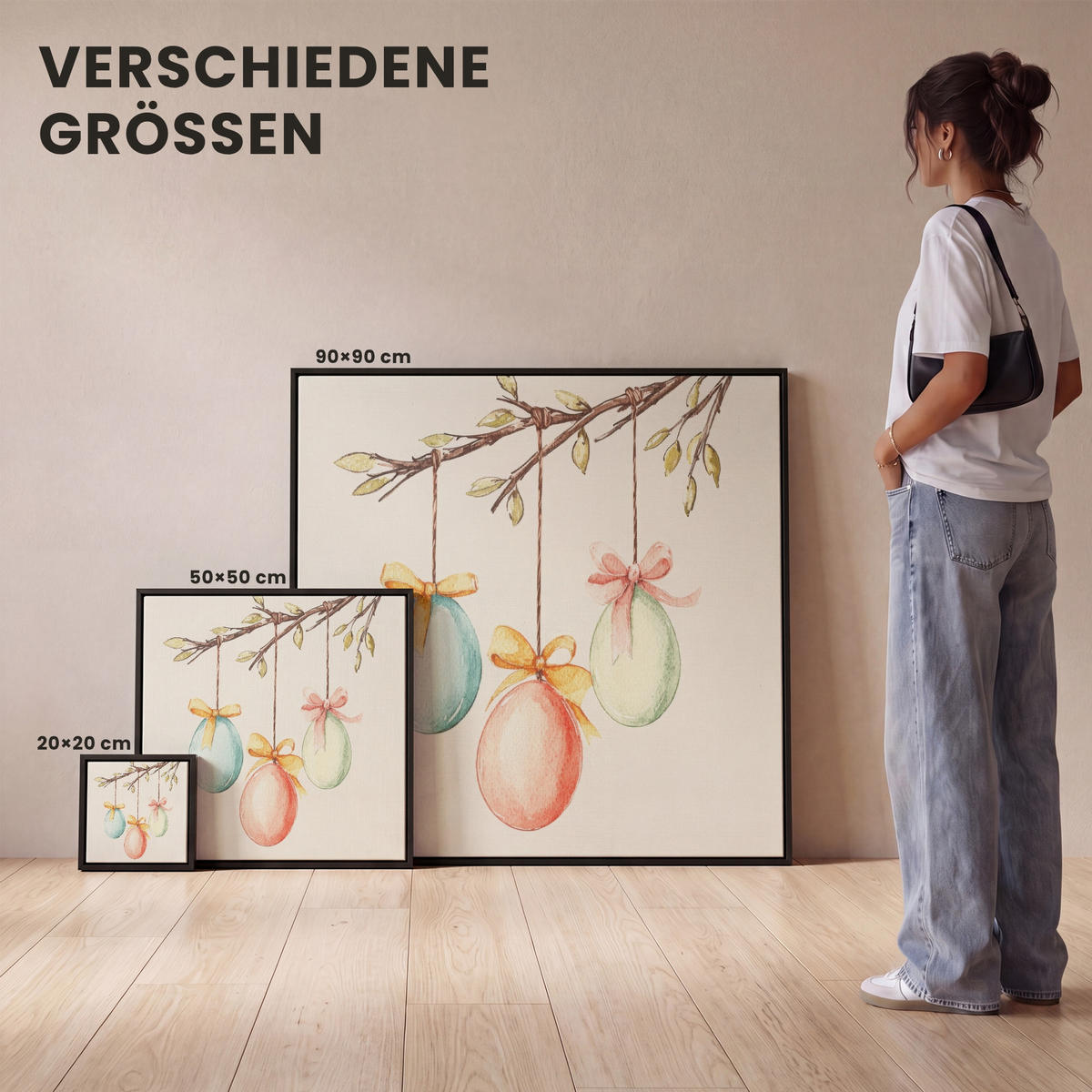 LEINWAND Bilder mit Rahmen - Osterkuchen - Schleife - Eier - 50x50 - Creme, Textil (50/50cm) - MuchoWow