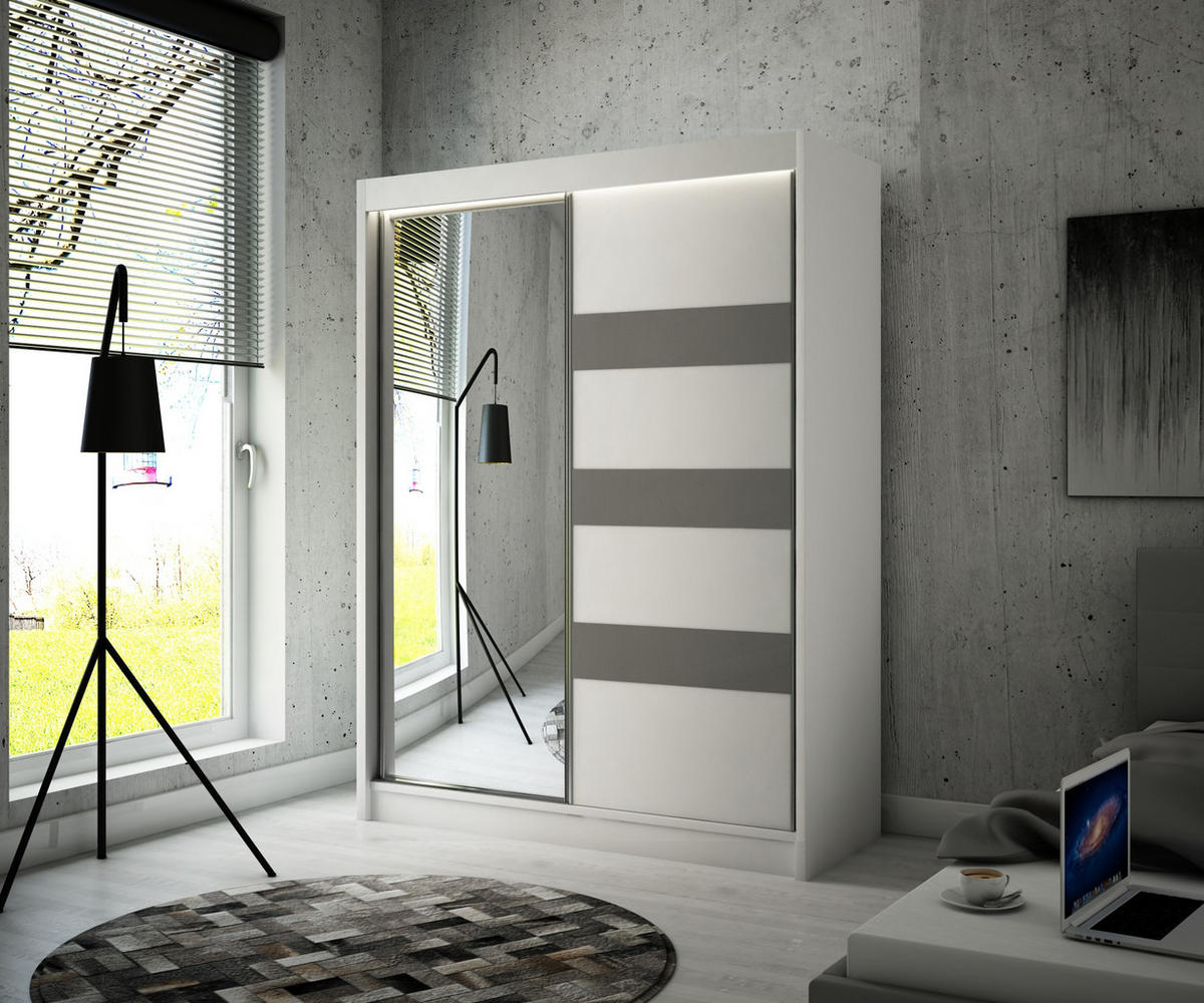 KLEIDERSCHRANK mit LED, Spiegel und Schiebetüre LOSTE - 200 cm Weiß|Grau - Weiß/Grau, Holzwerkstoff (200/215/61cm) - ALTDECOR