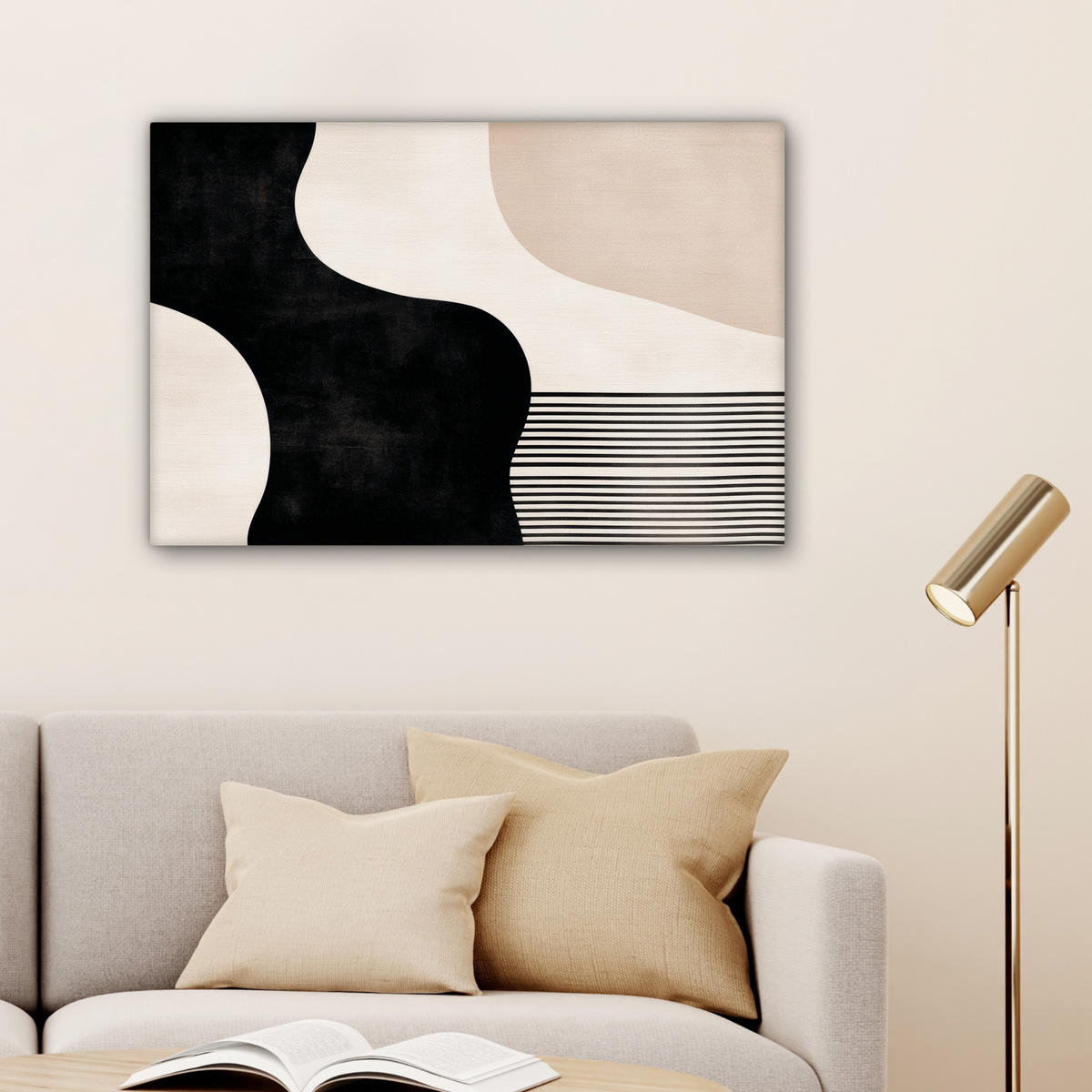 LEINWANDBILD Abstrakt - Japandi - Beige - Modern Wanddeko 90x60 cm - Schwarz, Textil (90/60cm) - MuchoWow