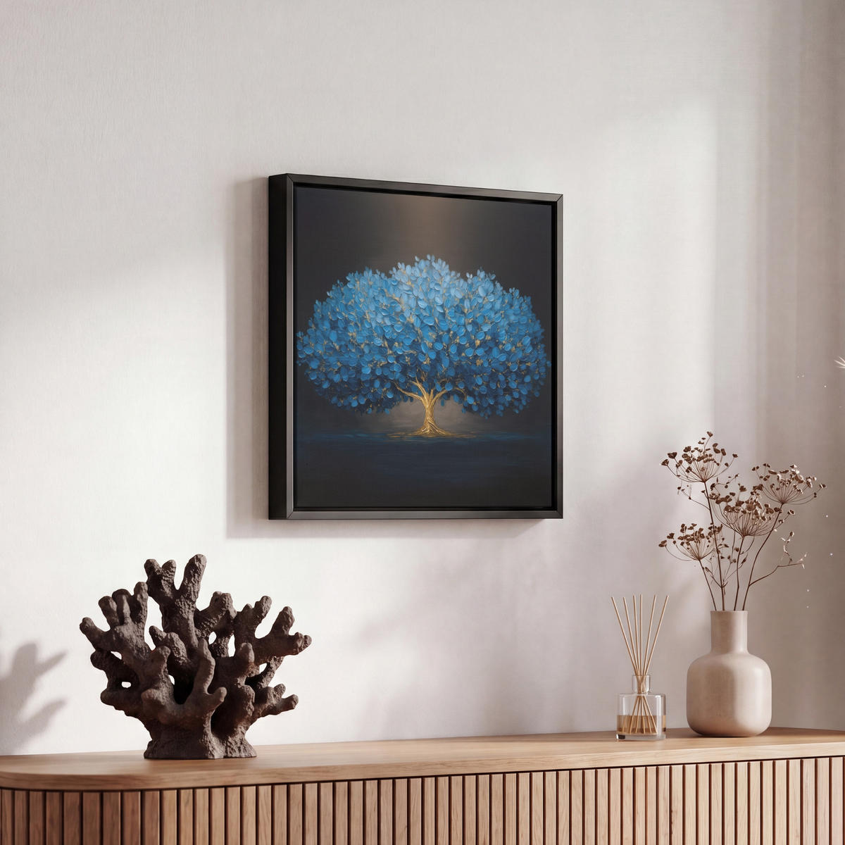 LEINWAND Bilder mit Rahmen - Baum - Blau - Blätter - Pinselstriche - 20x20 - Blau, Textil (20/20cm) - MuchoWow