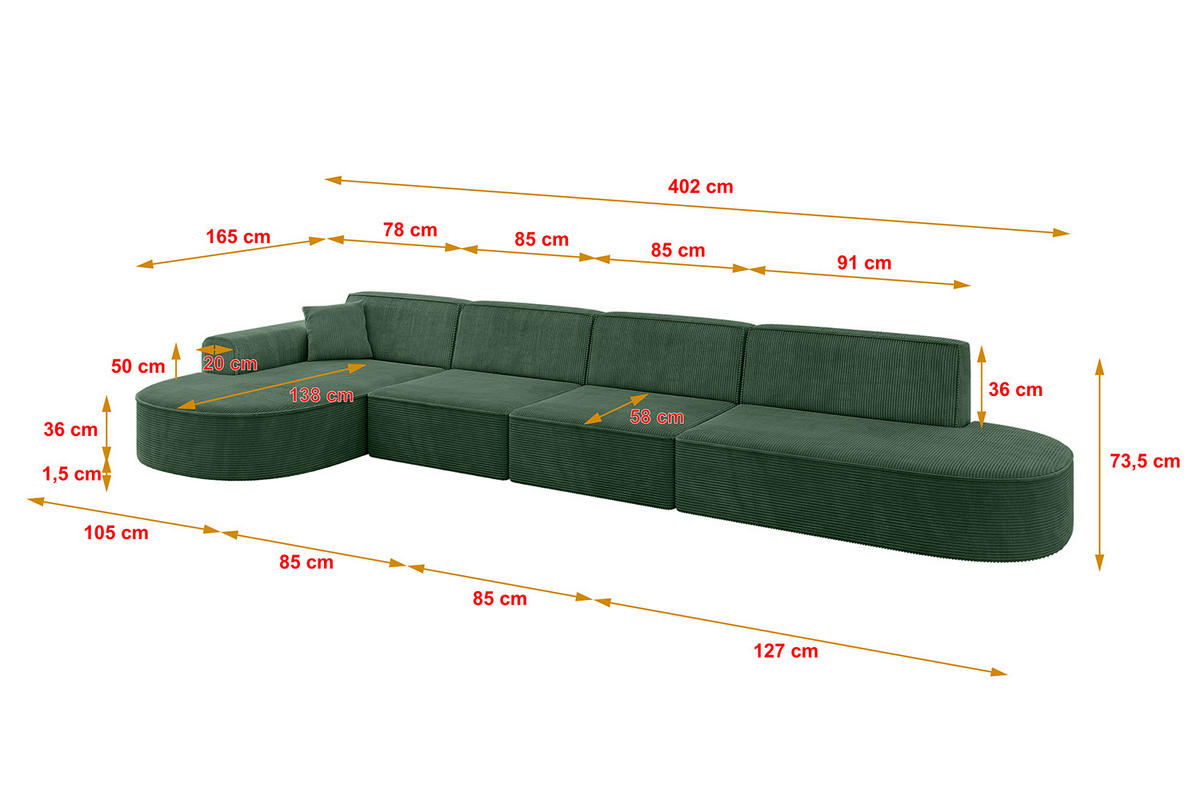 ECKSOFA Ottomane Links MARI-L3 - 402x163x73,5 cm Grün Cord - Schwarz/Grün, Holzwerkstoff/Kunststoff (165/406cm) - ALTDECOR