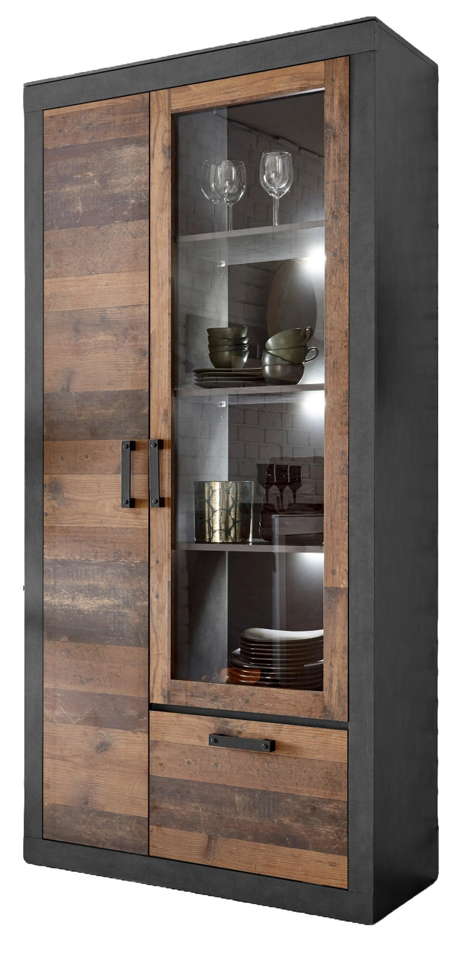 VITRINE Old Used Wood Shabby Design mit grau, Vitrinenschrank mit viel Stauraum - Dunkelgrau/Braun, Holzwerkstoff/Kunststoff (97/201/40cm) - Furn.Design