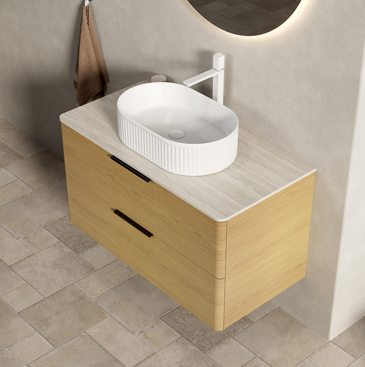 WASCHTISCHKOMBI 90 cm mit Aufsatzbecken und 2 Soft-Close-Schubladen in Eiche - Eichefarben, Keramik (90/62.2/46cm) - BEAOK