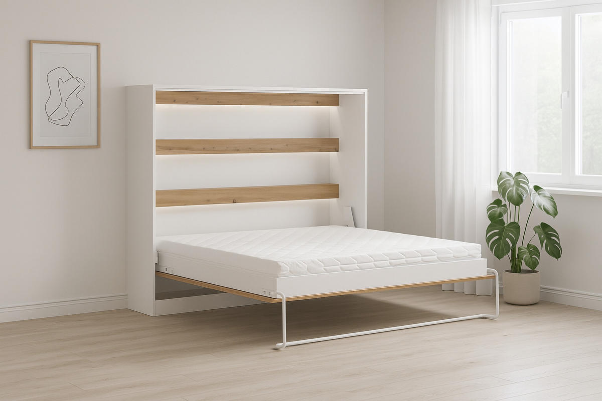 SCHRANKBETT Perfekt 140x200 Ein Horizontales Vereint Mit Matratze Eiche + Weiß - Eichefarben/Weiß, Holz (140/200cm) - Kaiser Möbel