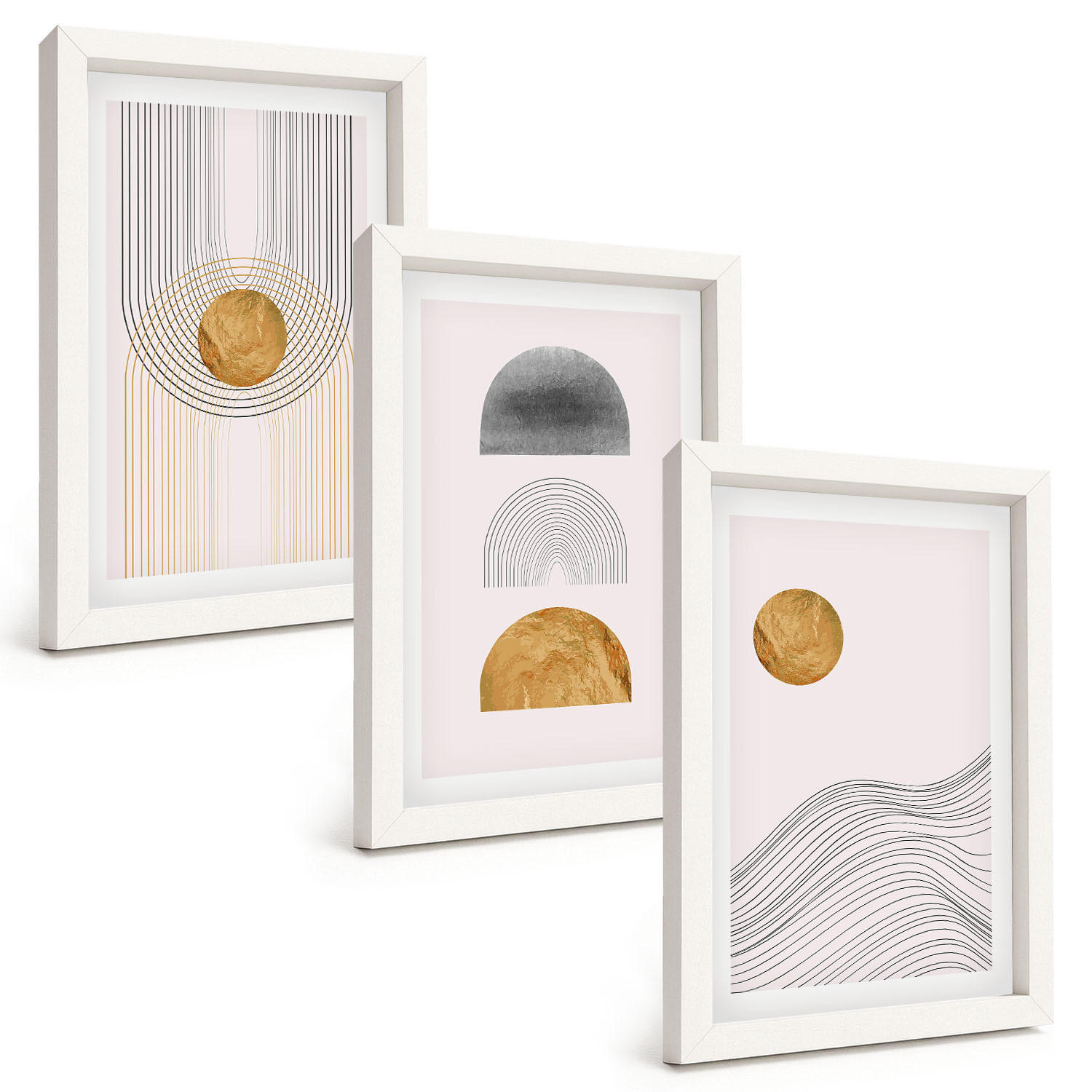 BILDER SET 3er Set - 20x30 cm Weißer Rahmen - Abstrakte Formen in Beige und Grau - Weiß, Kunststoff (20/30cm) - TULUP