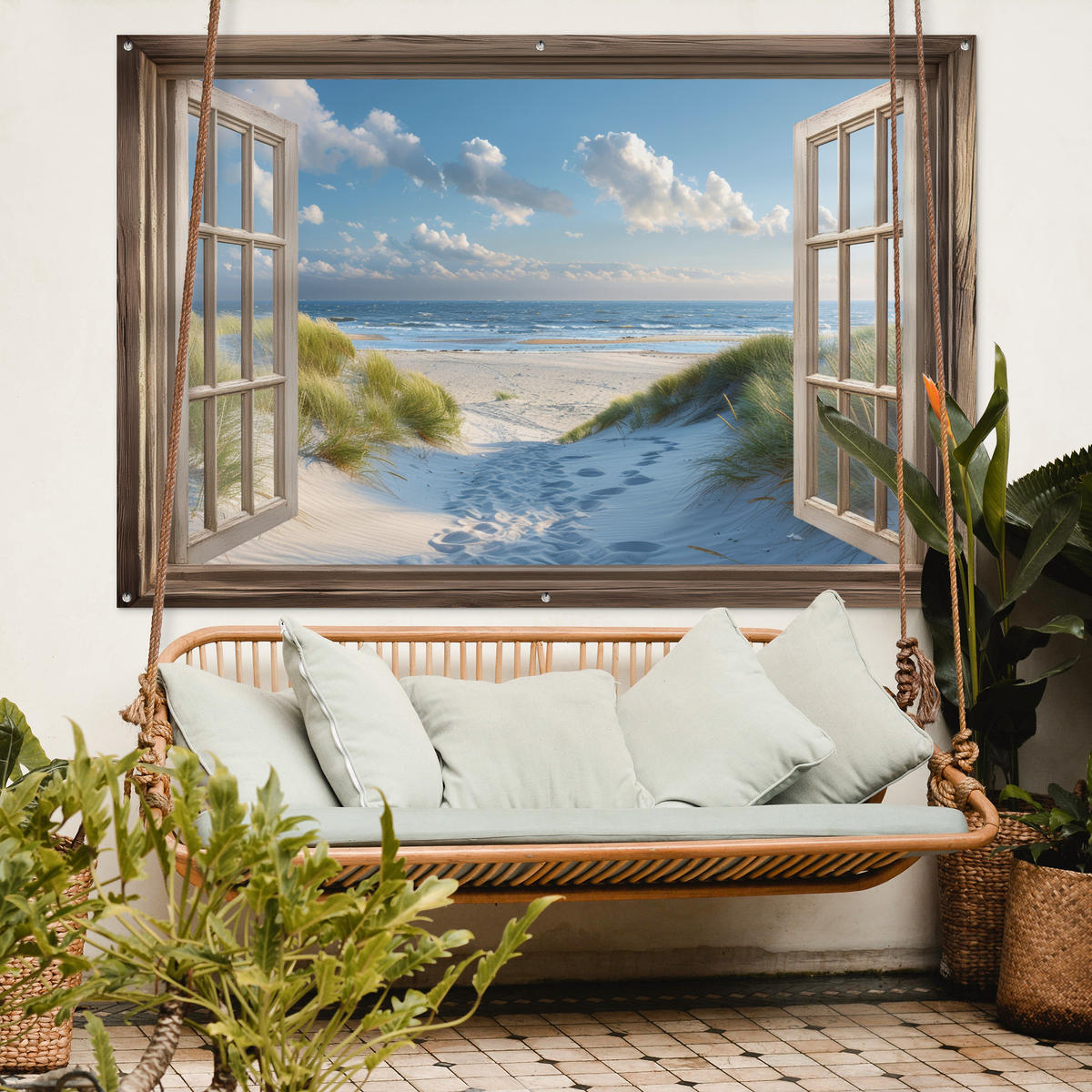 ZAHRADNÍ PLAKÁT Pohled - Pláž - Okno - Duny - Moře 180x120 cm - světle modrá, plast (180/120/0.2cm) - OnlyWow