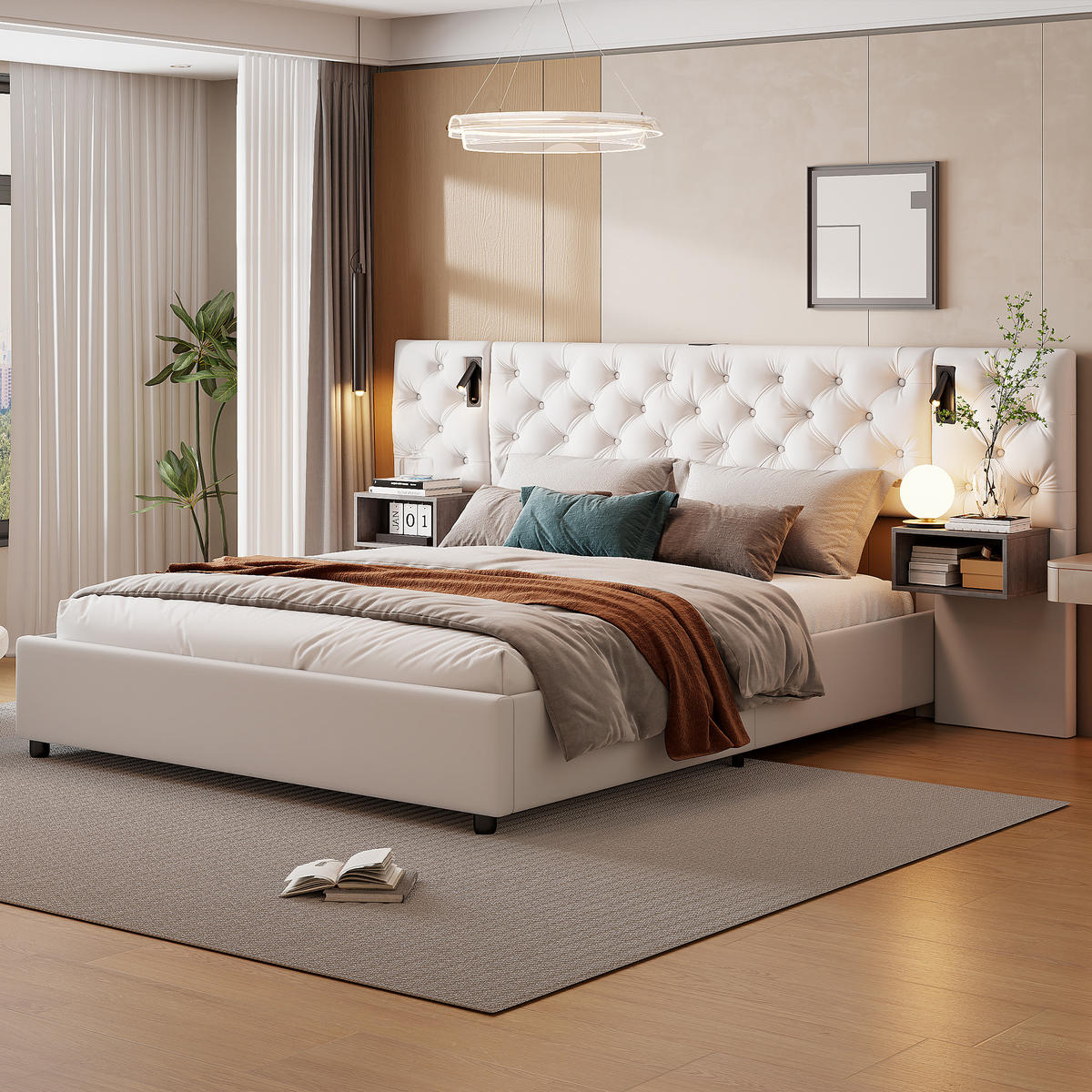 POLSTERBETT 160x200 cm, Beige, USB und Leselampe - Beige, Textil/Metall (160/200cm)