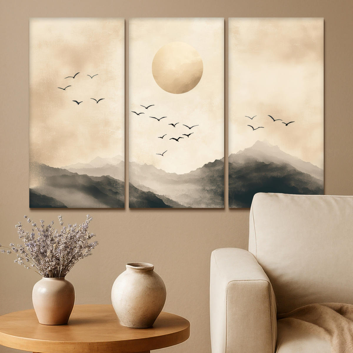 LEINWANDBILD 3er Set Landschaft - Japandi - Beige - Vögel 90x60 cm - Beige, Textil (90/60cm) - MuchoWow