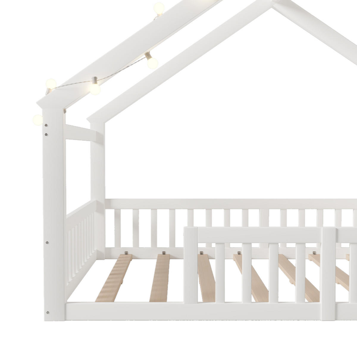 HAUSBETT 140/190 cm Weiß aus Kiefernholz und MDF mit Schutzgitter und Seitenregal - Weiß, Holz (140/190cm) - OKMYHOME