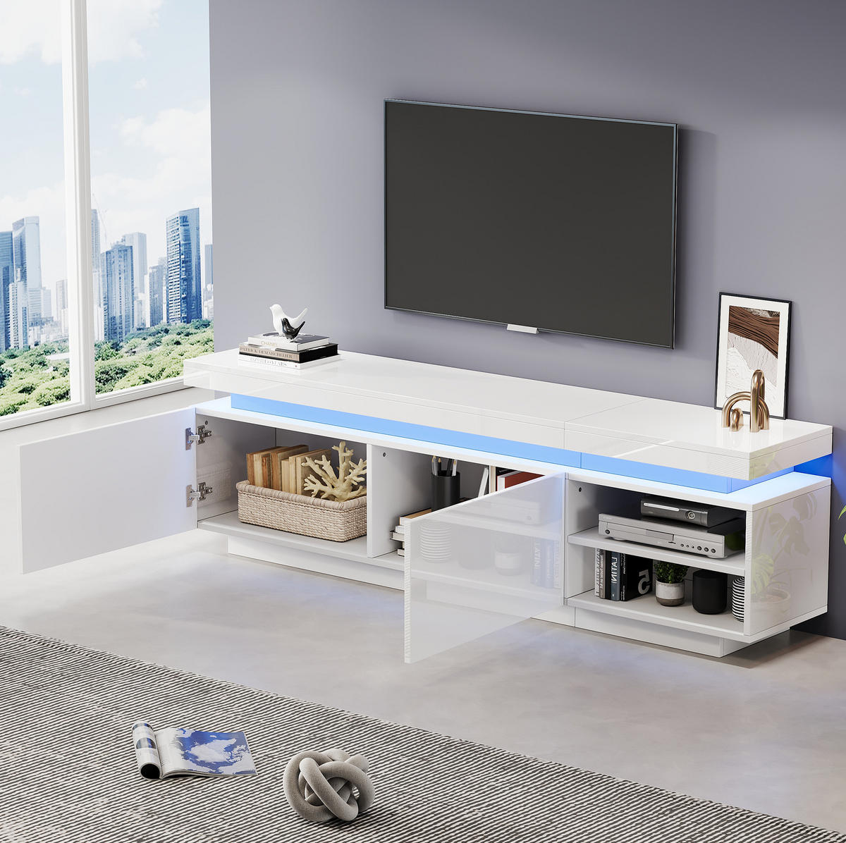 TV-SCHRANK 170/35/50 cm weiß Hochglanz mit LED-Beleuchtung für TVs bis 70 Zoll - Weiß, Holzwerkstoff (170/50/35cm) - OKWISH