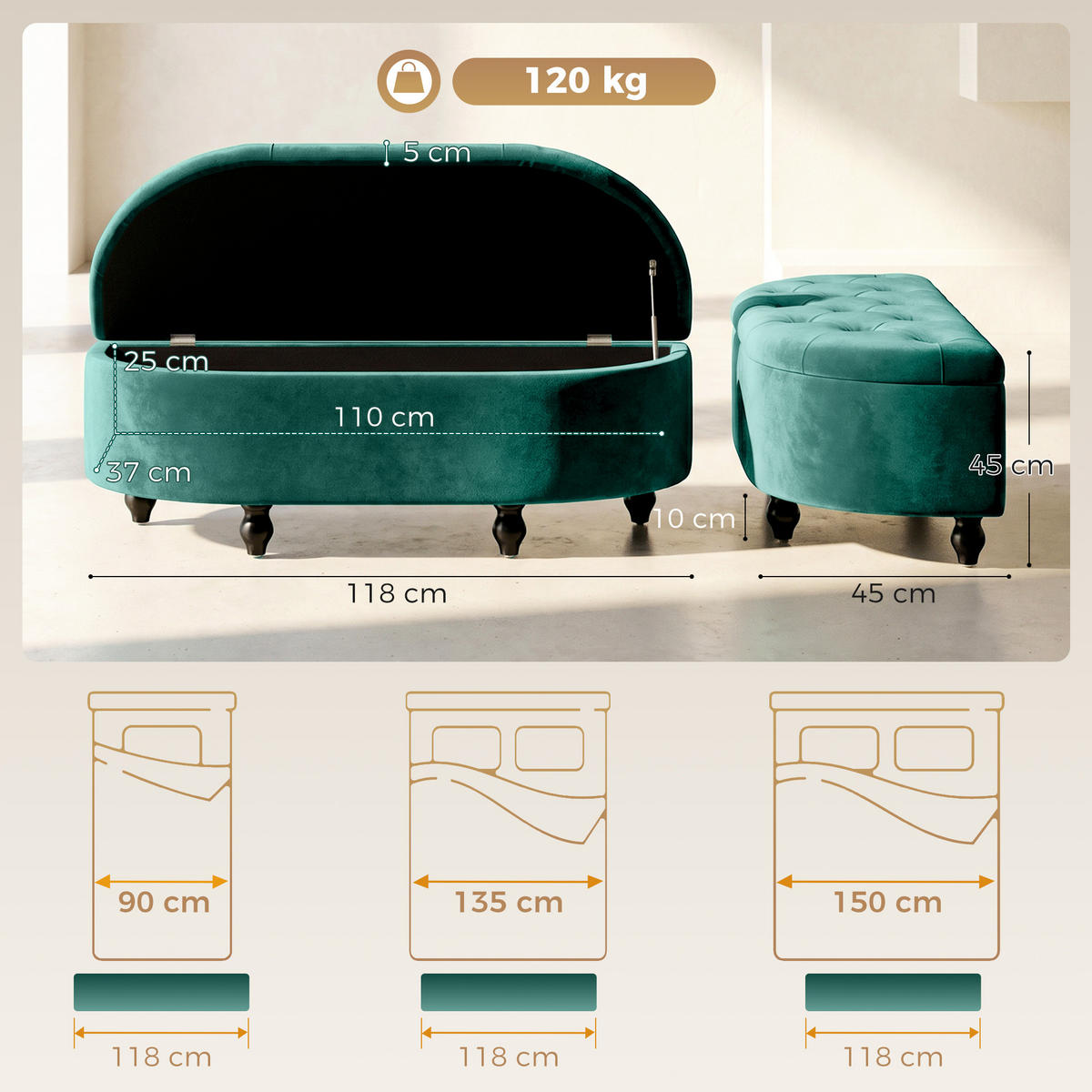 SITZBANK Paula Dunkelgrau mit Stauraum 120/46/42 cm - Grün, Holz/Textil (120/42/46cm) - Jamb