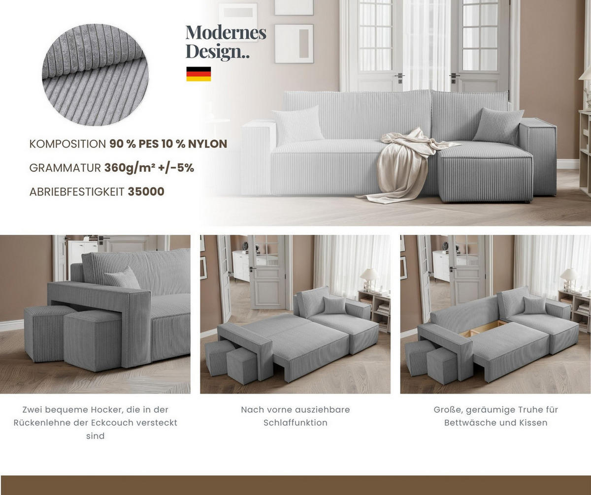ECKSOFA PARIS mit Schlaffunktion und Bettkasten, Stoff Hellgrau - Hellgrau, Kunststoff/Textil (244/145cm) - Idohome