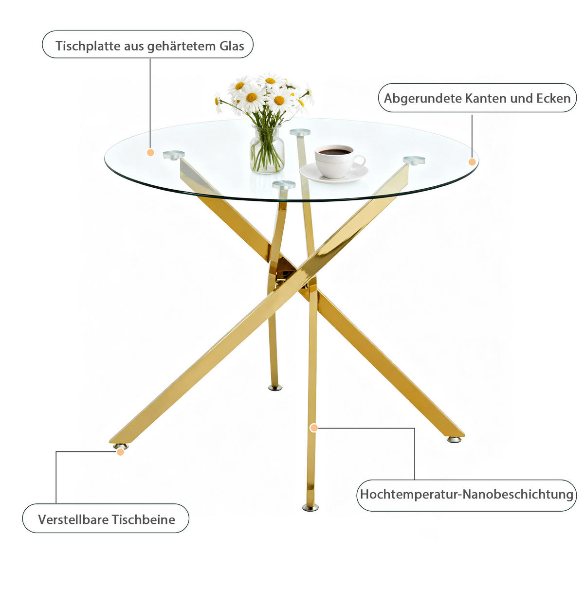 ESSTISCH 80/80/76 cm goldfarben aus Glas mit Kreuzfußgestell - Goldfarben, Metall (80/80/76cm) - OKWISH