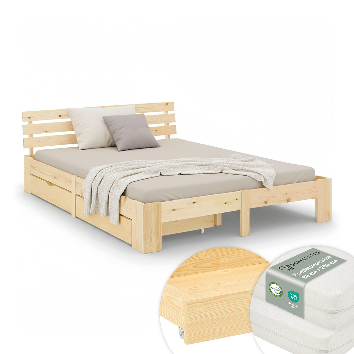 HOLZBETT mit Matratze und Stauraum 160/200 cm natur - Naturfarben, Holz (160/200cm) - Homestyle4u