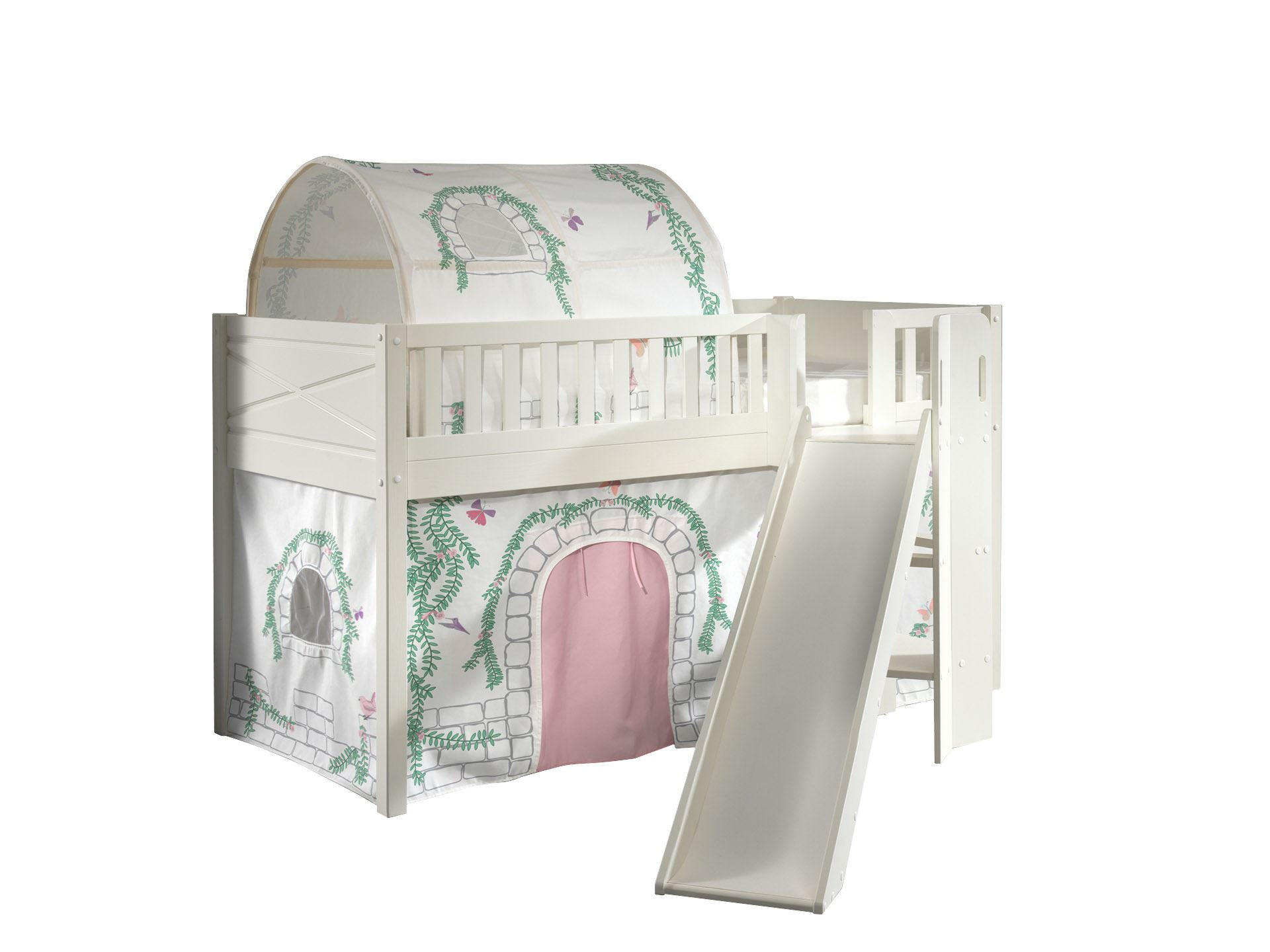 HOCHBETT mit Rutsche Karyl Massivholz Weiß Textilset Birdy 2 - Hellgrau/Weiß, Holz (90/200cm) - 58aufmkessel