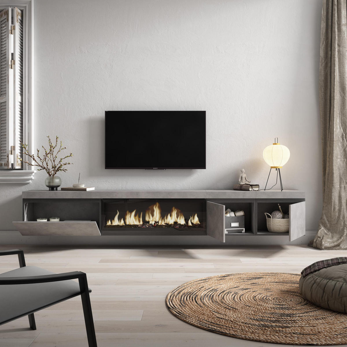TV-SCHRANK Lowboard, Elektrokamin XXL, Hängend, zementgrau, 288/35/45cm - Grau, Holzwerkstoff (288/45/35cm) - Skraut Home