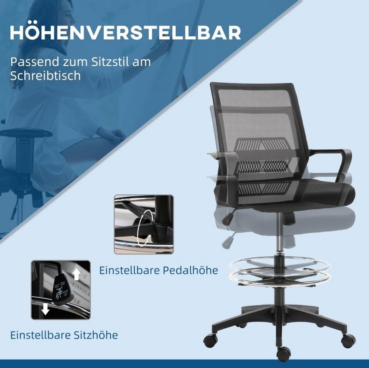 BÜROSTUHL in Schwarz 59x64x124 cm mit verstellbarer Sitzhöhe, Fußring und Wippfunktion - Schwarz, Kunststoff (64/124/59cm) - IVMEU