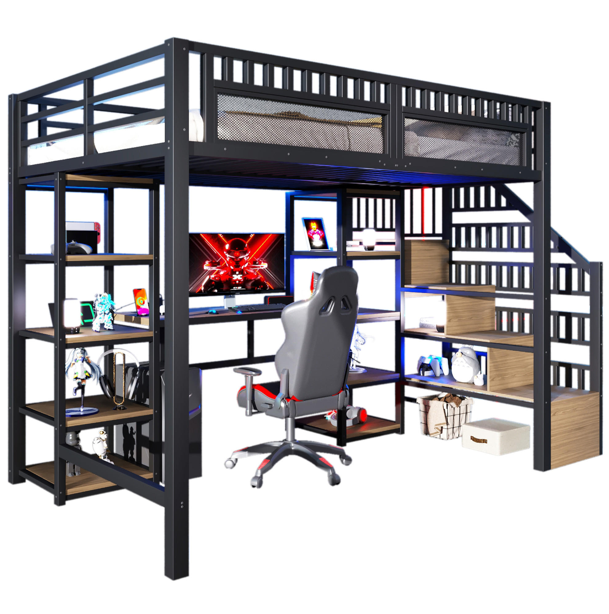 HOCHBETT mit Schreibtisch 140/200 cm in Schwarz – mit Stauraumleiter und LED - Schwarz, Metall (140/200cm) - BEAOK