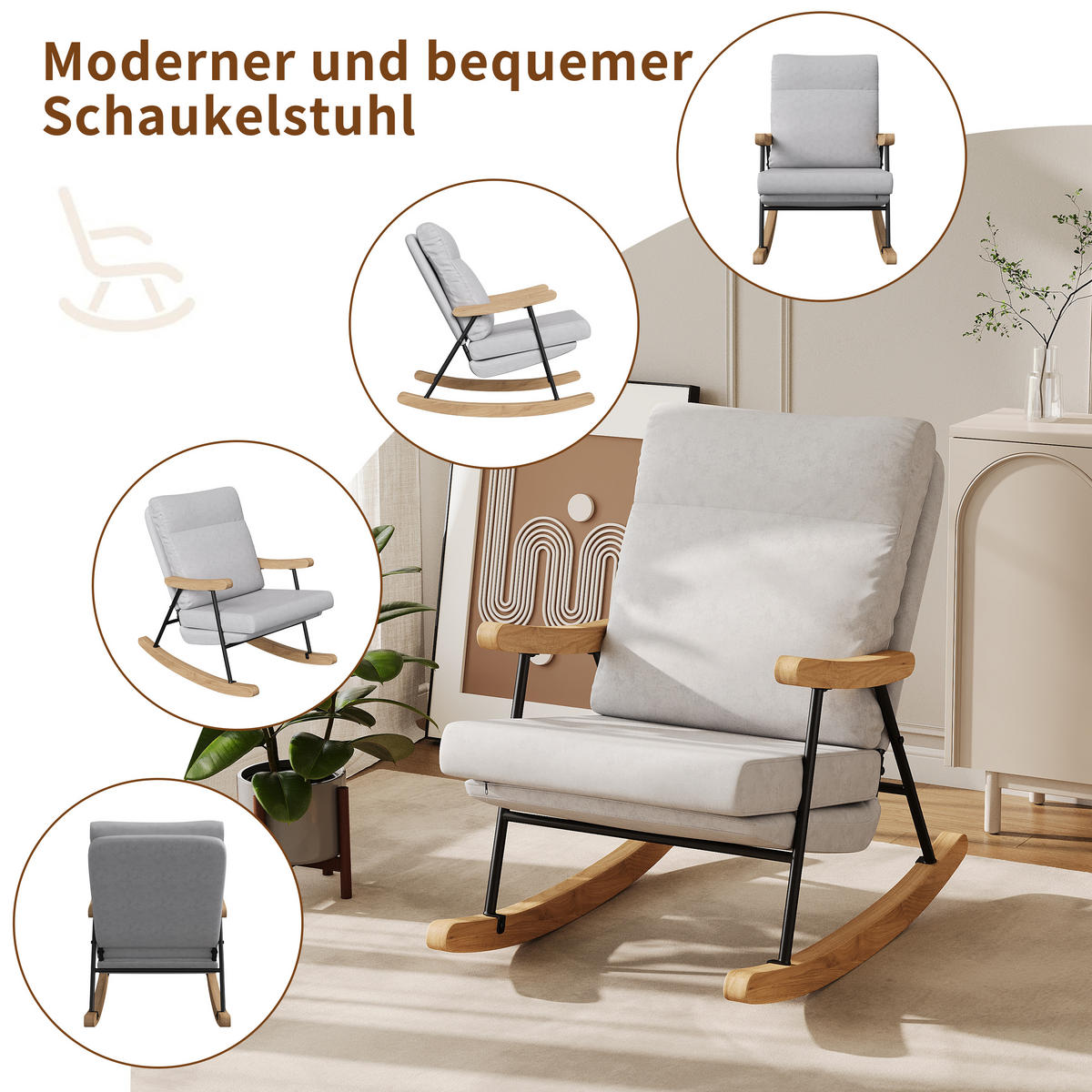 SCHAUKELSTUHL Grau aus Leinen, Polsterstuhl mit Metallgestell, 97 x 64 x 94 cm - Grau, Holz/Textil (64/94/97cm) - PARAFTA HOME