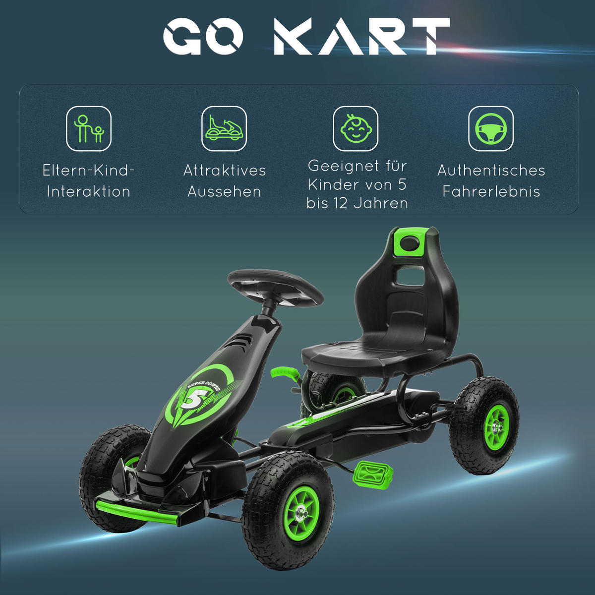 KINDER GO KART TRETAUTO, Blau+Schwarz/Grün+Schwarz/Rot+Schwarz, Metall - Grün, Metall (121/58/61cm) - HOMCOM