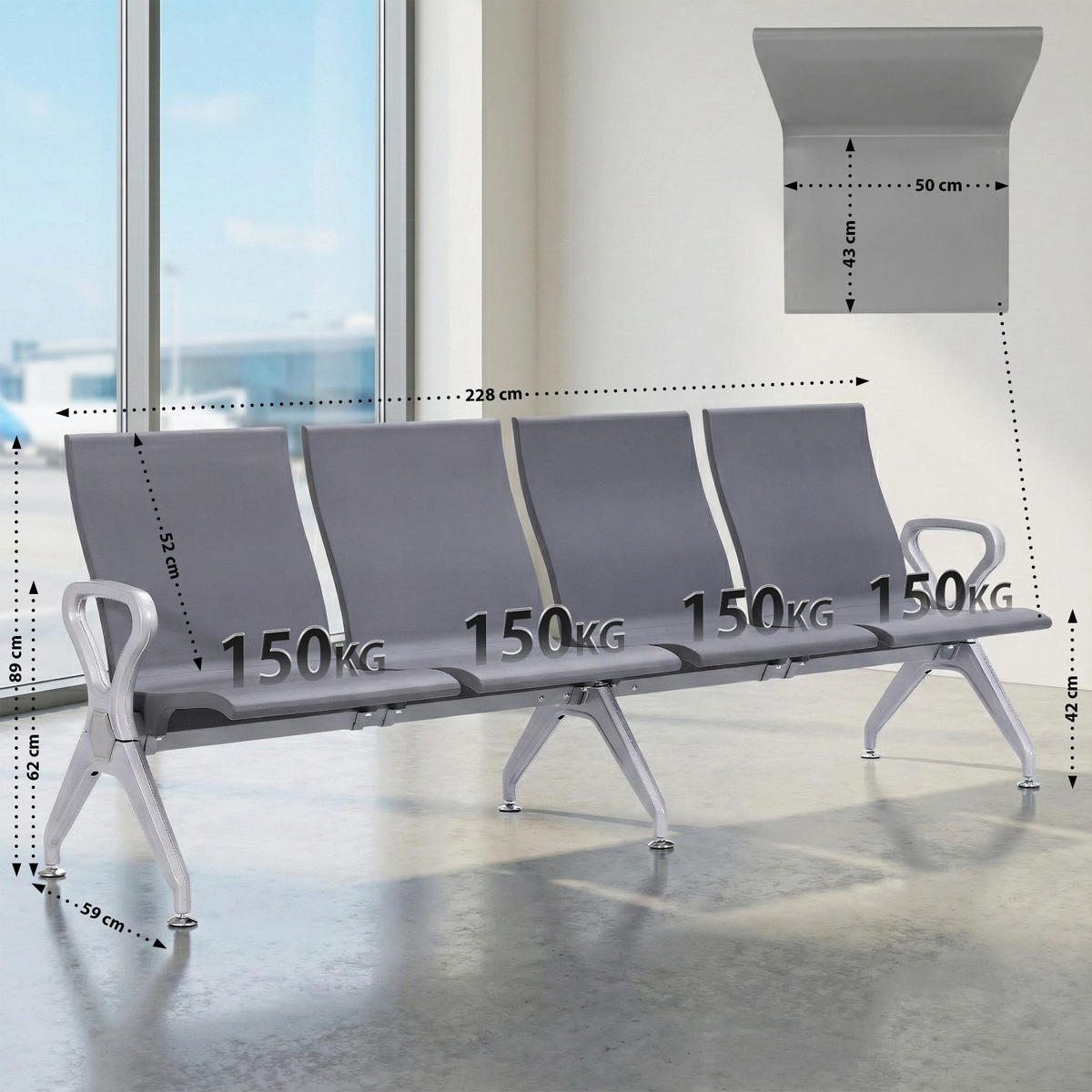 WARTEBANK Kunststoff Grau - Grau, Kunststoff/Metall (228/89/59cm) - CLP