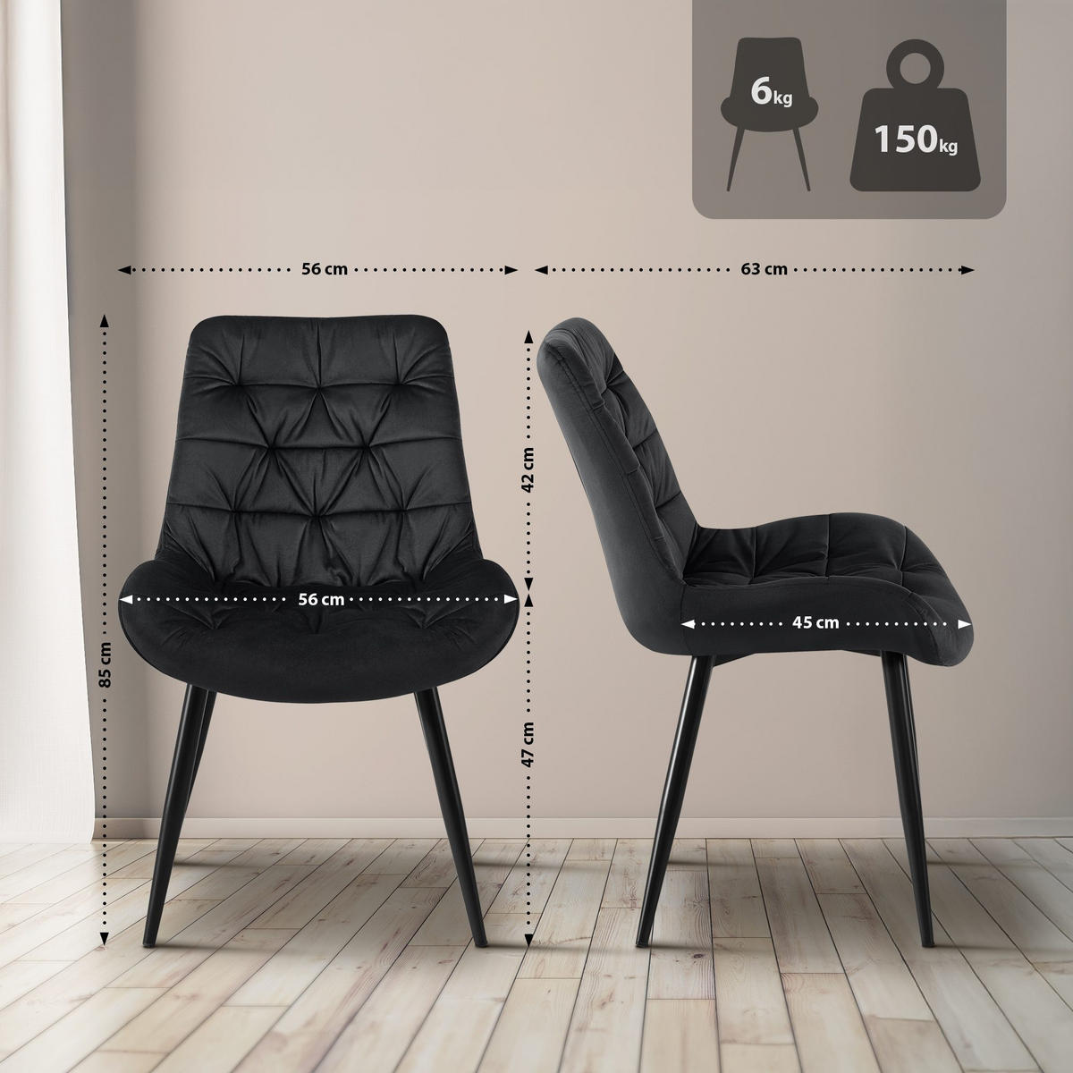 STUHL 2er Set Samt Schwarz - Schwarz, Textil/Metall (56/85/63cm) - CLP