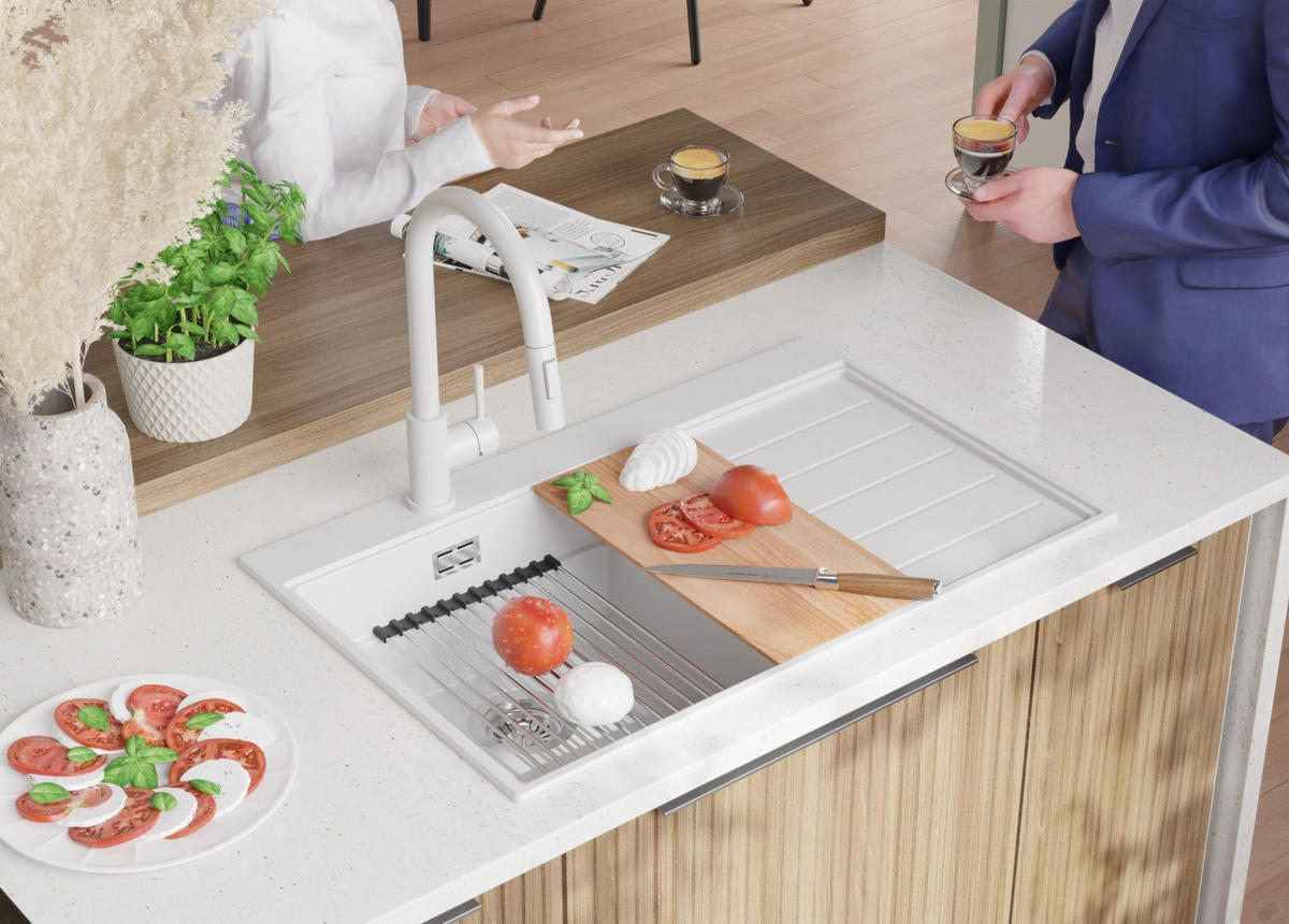 SPÜLBECKEN Sydney, 2-er set Weiß 78/50 cm 1 Becken + Ablauf-Set + Küchenzubehörset ab 45er Unterschrank - Chromfarben/Beige, Kunststoff (78/20/50cm) - Primagran