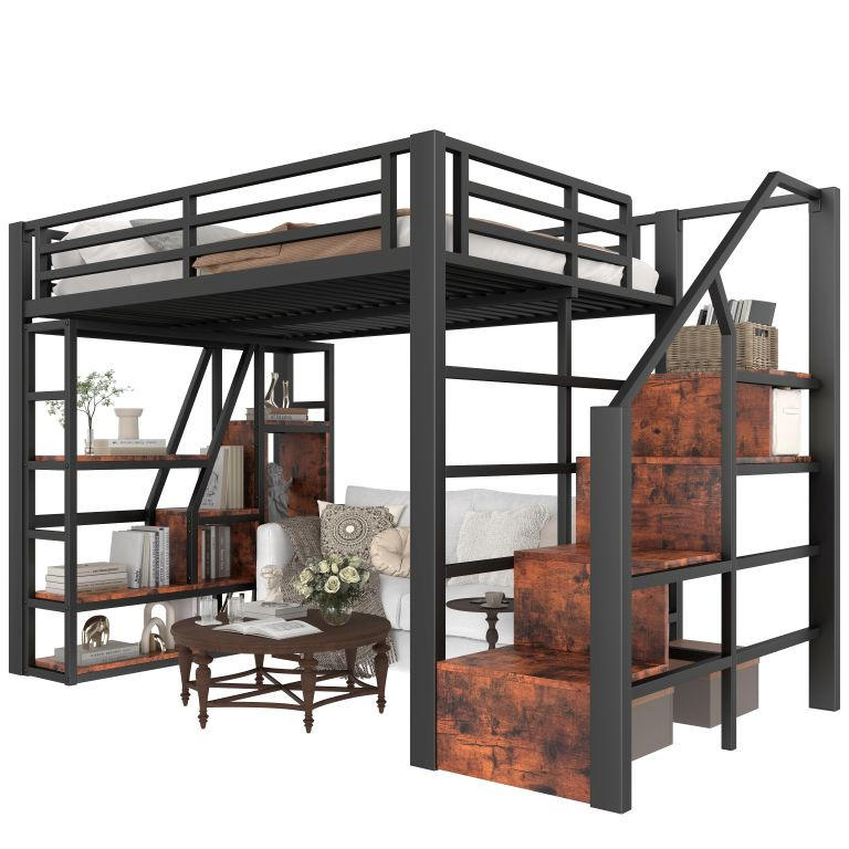 HOCHBETT 140/200 cm in Schwarz mit LED, Regal und Stufen - Schwarz, Holzwerkstoff/Metall (140/200cm) - CHICFURN