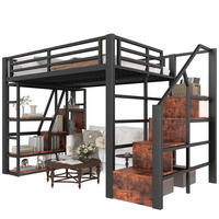 HOCHBETT 140/200 cm in Schwarz mit LED, Regal und Stufen - Schwarz, Holzwerkstoff/Metall (140/200cm) - CHICFURN
