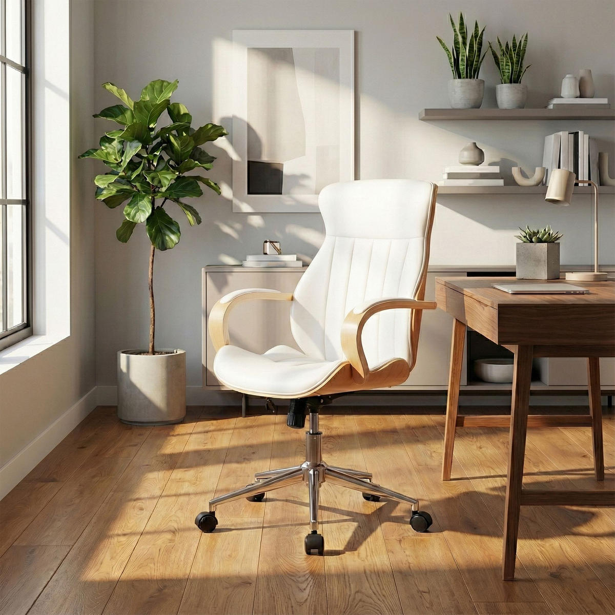 DREHSTUHL Lederlook Natura/Weiß - Chromfarben/Eukalyptusholzfarben, Textil/Metall (63/100/68cm) - CLP