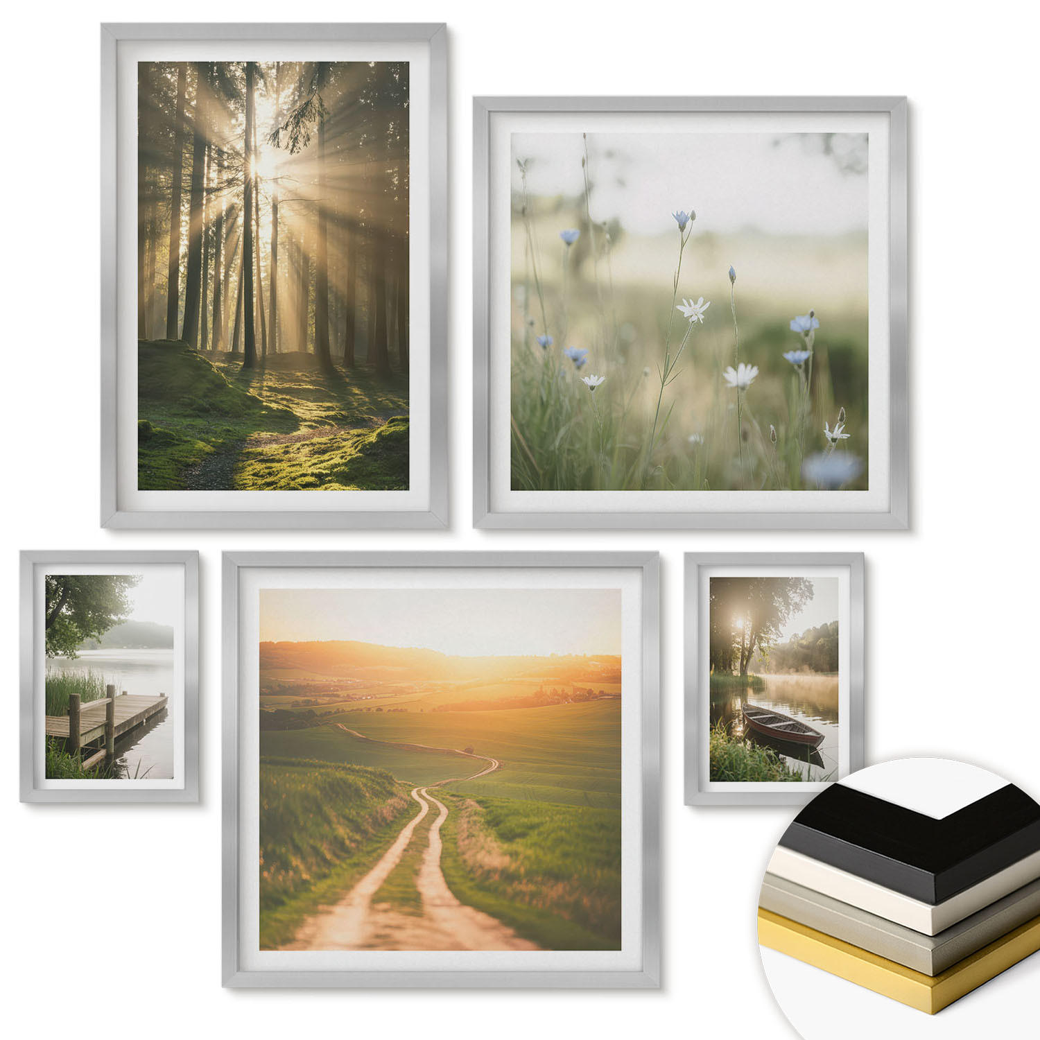 WANDBILDER 5er Set - 50x50 cm & 20x30 cm & 40x60 cm Silberner Rahmen - Gemalte Zitruslandschaften - Silberfarben, Kunststoff (40/60cm) - ArtPrintCave